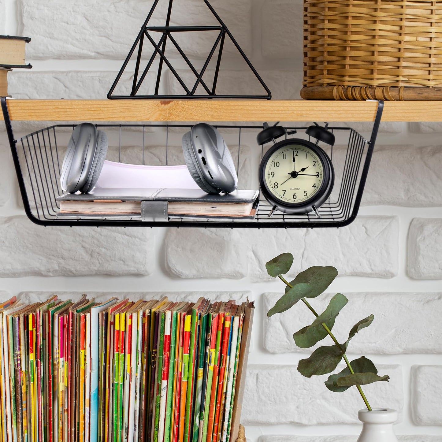 8 Pack Hanging Under Shelf Storage Basket, Steel Hanging Wire Rack Storage Baskets, Slide-in Baskets Organizer for Kitchen Cabinet Desk Organizer Storage, Space Saving, 16"D x 9"W x 5.9"H