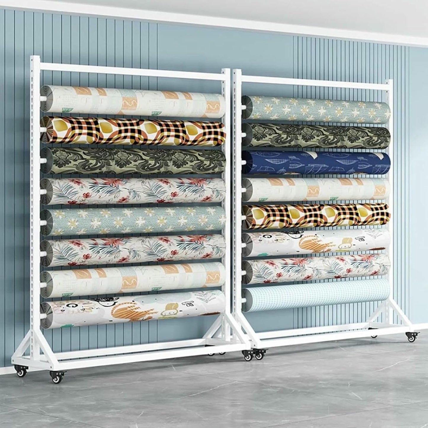 Commercial Fabric Display Rack Cart, Fabric Roll Storage Rack with Adjustable Hanging Rod, Movable Metal Vinyl Roll Storage Rack Cart, for Leather Rolls/Wallpaper Displays