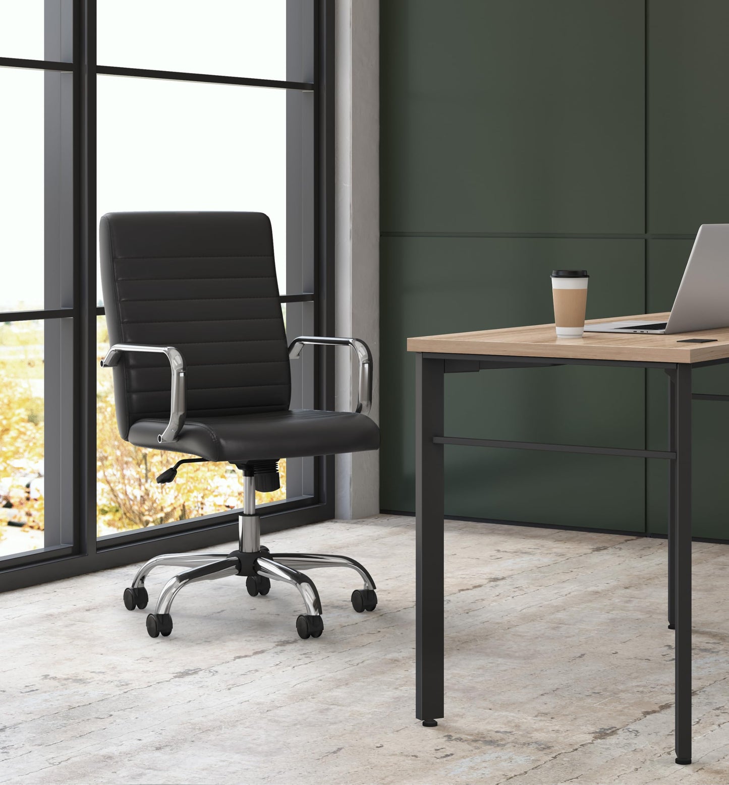 HON Sadie Executive Ergonomic Office Chair with Leather Upholstery, Chrome Arms and Back Support, Mid Back Desk and Computer Chair for Home Office or Conference Room, 360 Swivel, Black
