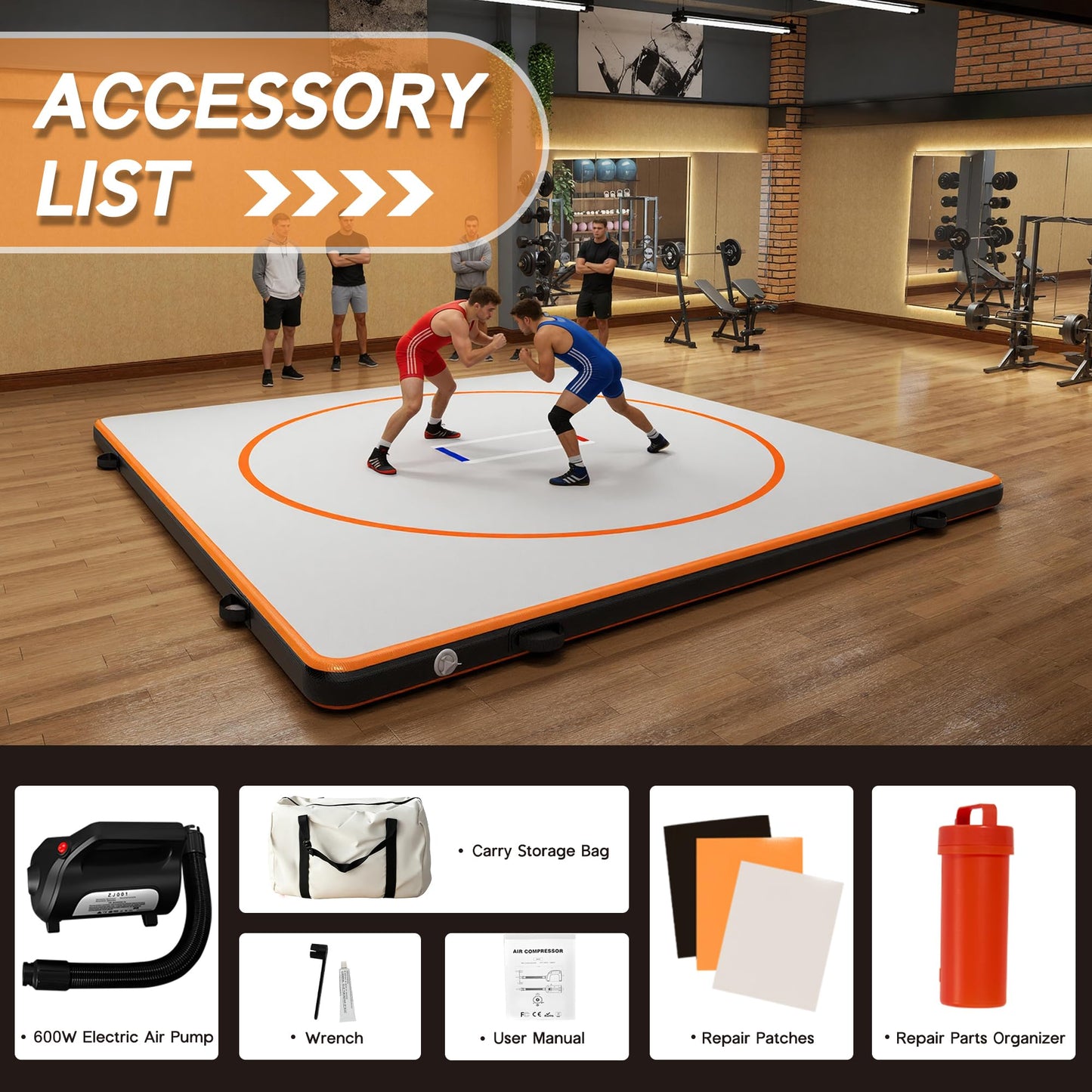 Specraft 10x10 FT Inflatable Wrestling Mat 4" Thick PVC Orange/Gray Waterproof Jiu Jitsu Mats for Jiu Jitsu, BJJ, MMA, Grappling & Water Yoga, Indoor/Outdoor, Includes Dust Bag & Repair Kit