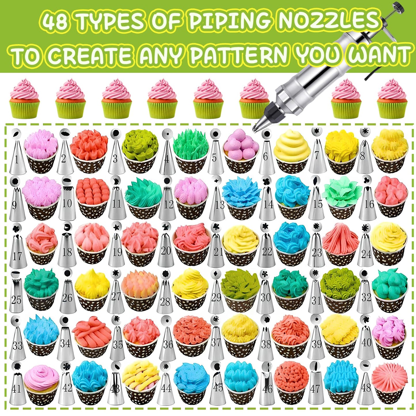 NOVANO Dessert Decorating Syringe Set, Frosting Piping Kit Stainless Steels Cake Decorating Kit with 54 Piping Tips & 9 silicone cupcakes, Cupcake Decorating Kit Piping Bags and Tips Set (Black)