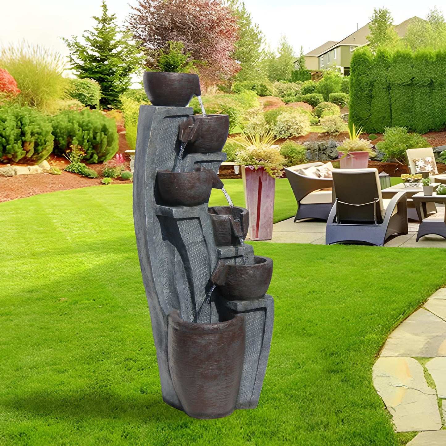 6-Tier Cascading Outdoor Water Garden Fountain 49.61''H Modern Floor-Standing Indoor Waterfall Fountains Bowl and Jar Water Feature with LED Lights for Office Home Art Decor Deck Yard Patio Porch