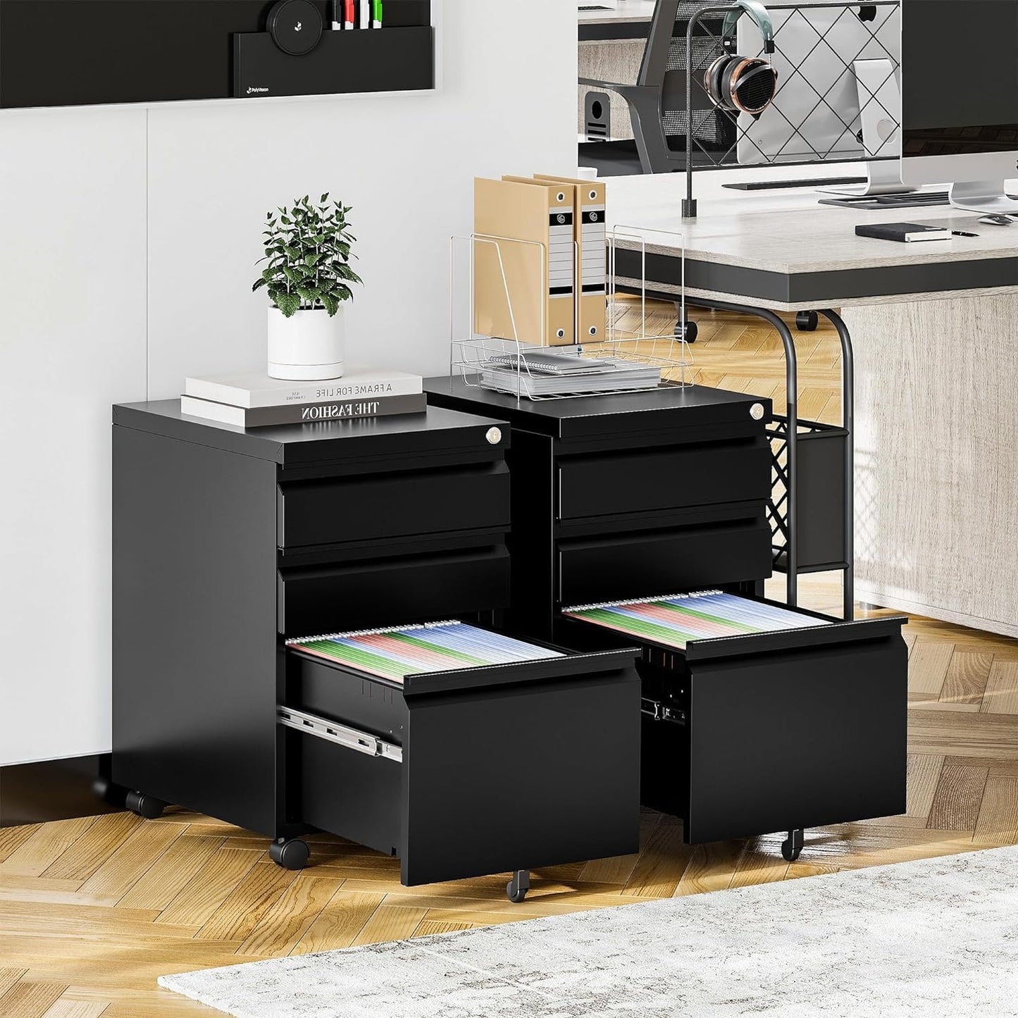 Oasecrilio 3 Drawer Filing Cabinet, Mobile Filing Cabinet for Home Office, Locking File Cabinets for A4/Letter/Legal Size File Folders, Fully Assembled, Matte Black