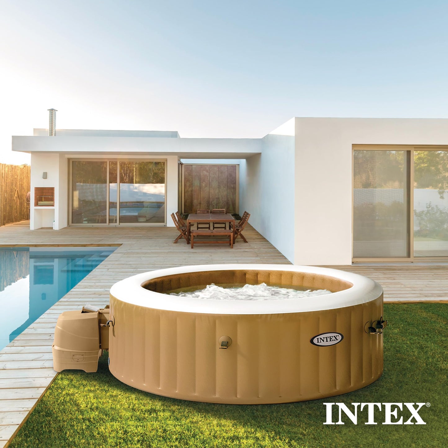 Intex PureSpa 6 Person Bubble Massage Inflatable Hot Tub Spa Set, Sahara Tan - Portable Outdoor Spa Plus Water Heater Pump, Foam Cover, Dispenser Ball