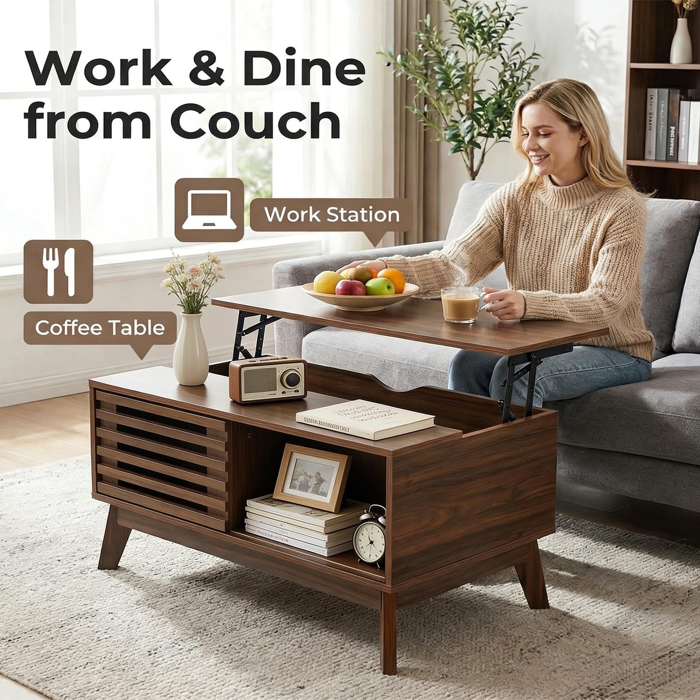 KEIKI Lift Top Coffee Table, Mid-Century Modern Tea Tables with Hidden Storage, Slatted Sliding Door Center Drink Desk w/Lifting Top, Accent Side Cafe Desks for Living Room, Easy Assembly, Walnut