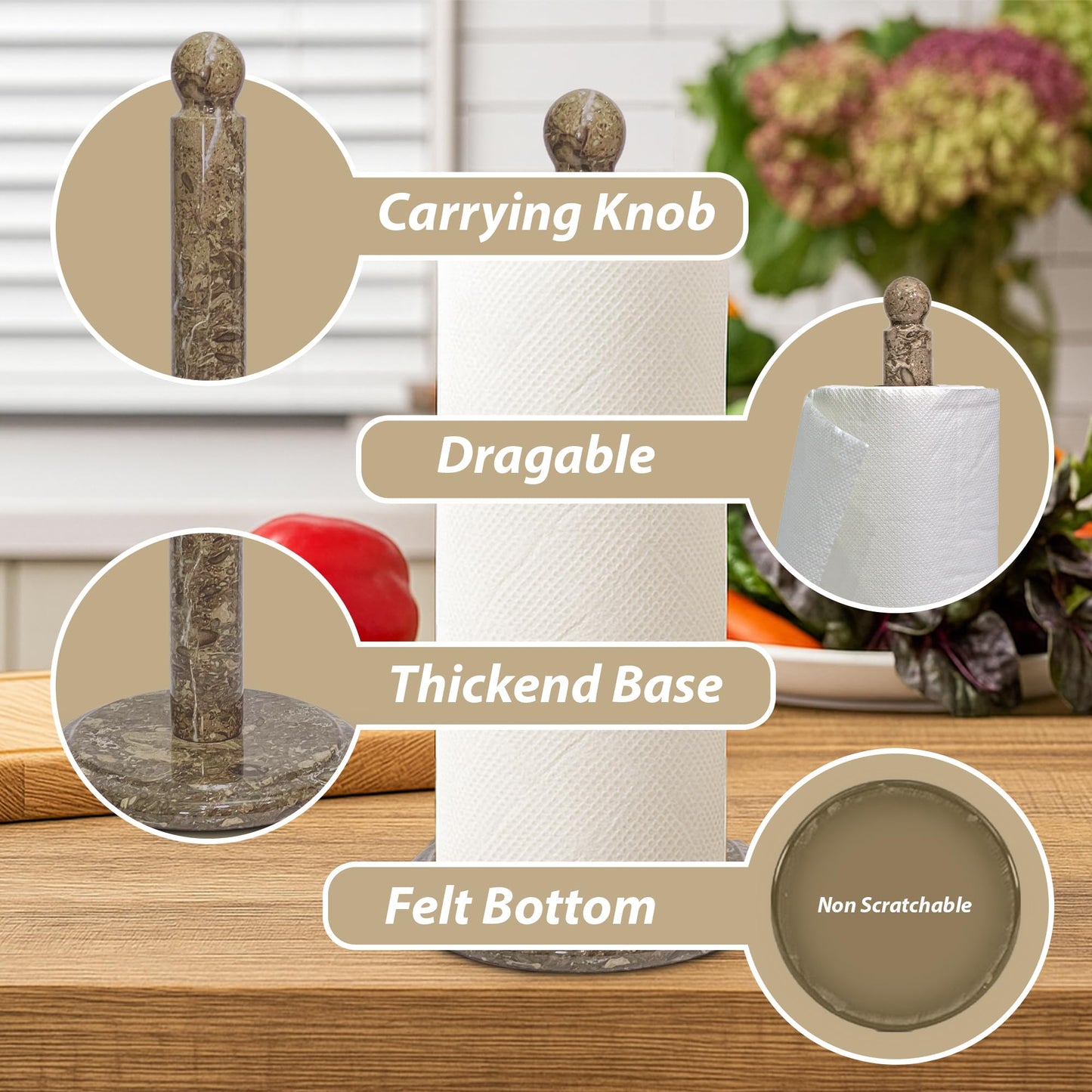 TheWolfard Handmade Fossil Grey Marble Paper Towel Holder – Natural Stone Stand with Subtle Fossil Patterns – Luxury Countertop Decor for Kitchen & Bathroom – Elegant Gift Idea