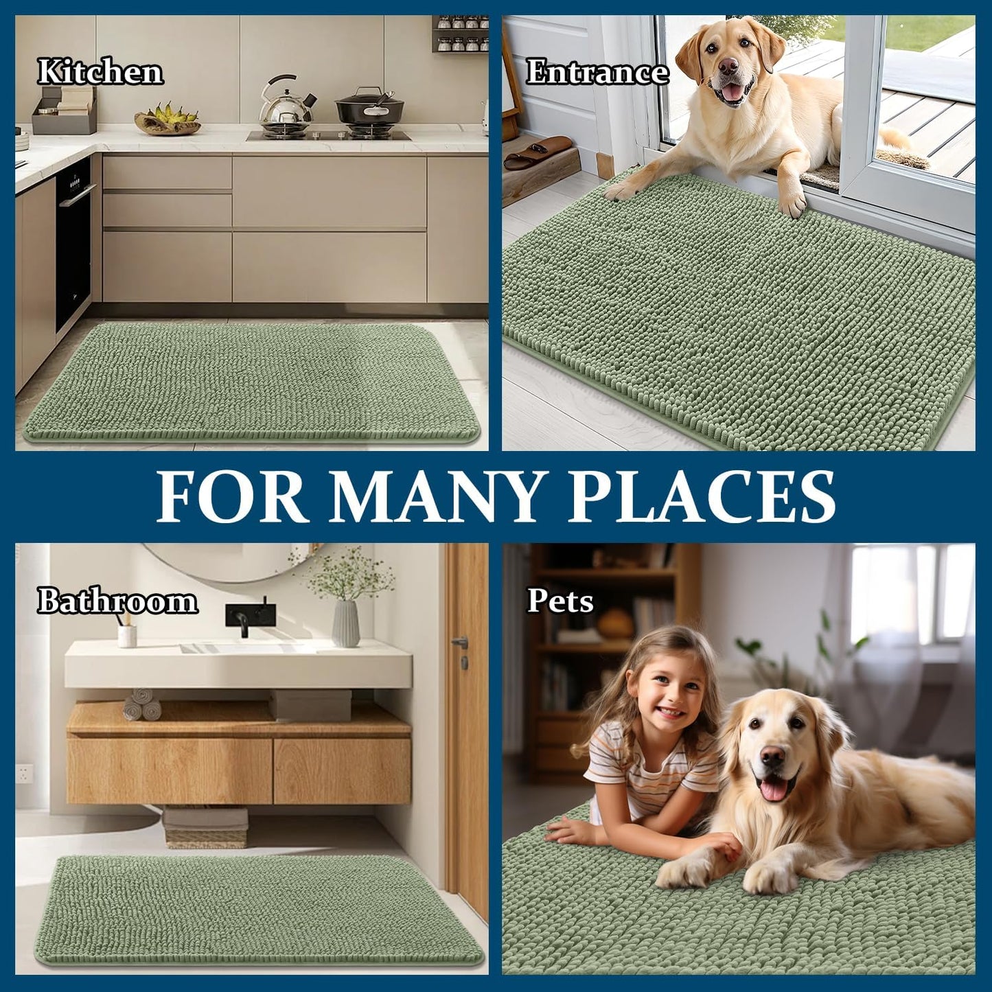 OLANLY Dog Door Mat - Absorbent Non-Slip Chenille Mat for Muddy Paws | 59x24 Inches, Sage Green