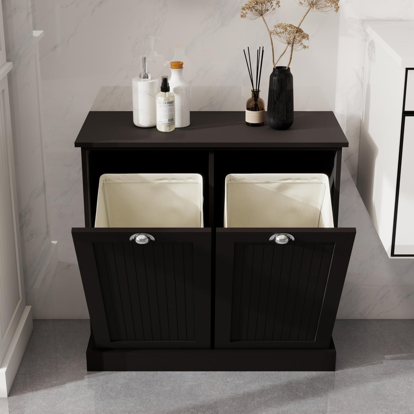 Gecheer Two-Compartment Tilt-Out Laundry Sorter Cabinet - Organized and Easy to Clean Storage Cabinet Organizer, Storage Unit Shelves, for Bathroom Living Room Dining Kitchen YJXW1120139082