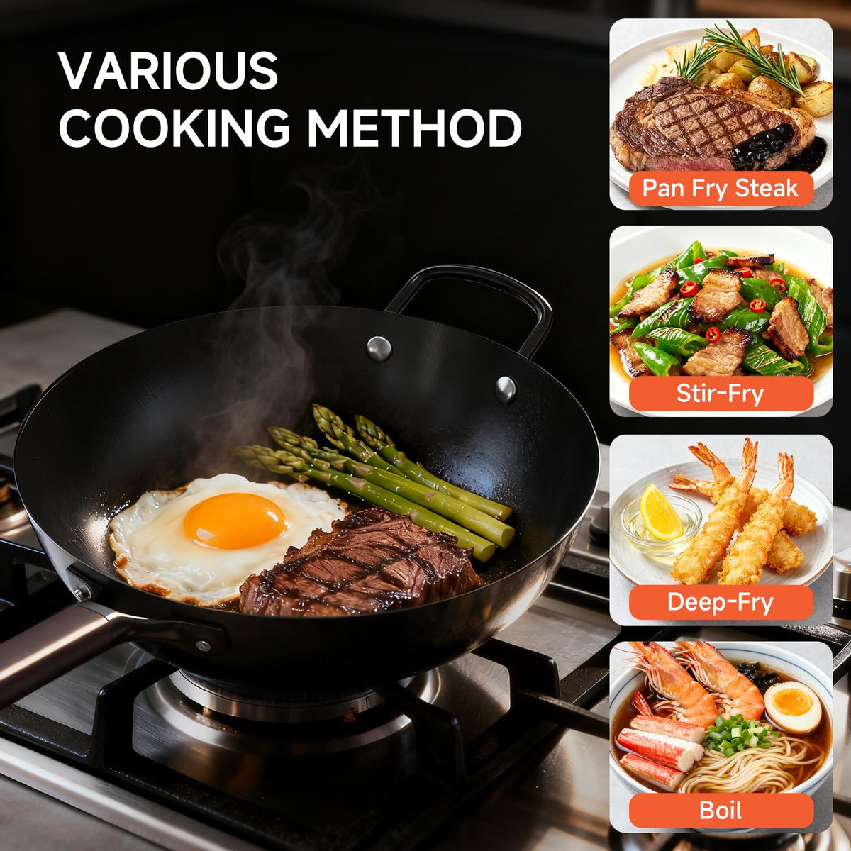 SUMEIGUAN 13.5" Carbon Steel Wok Pan - Pre-Seasoned Flat Bottom Woks & Stir-fry Pans Chinese Cookware with Lid & Spatula - For Pan-fry,Stir Fry, Steam, BBQ & Camping - Compatible with Induction, Gas