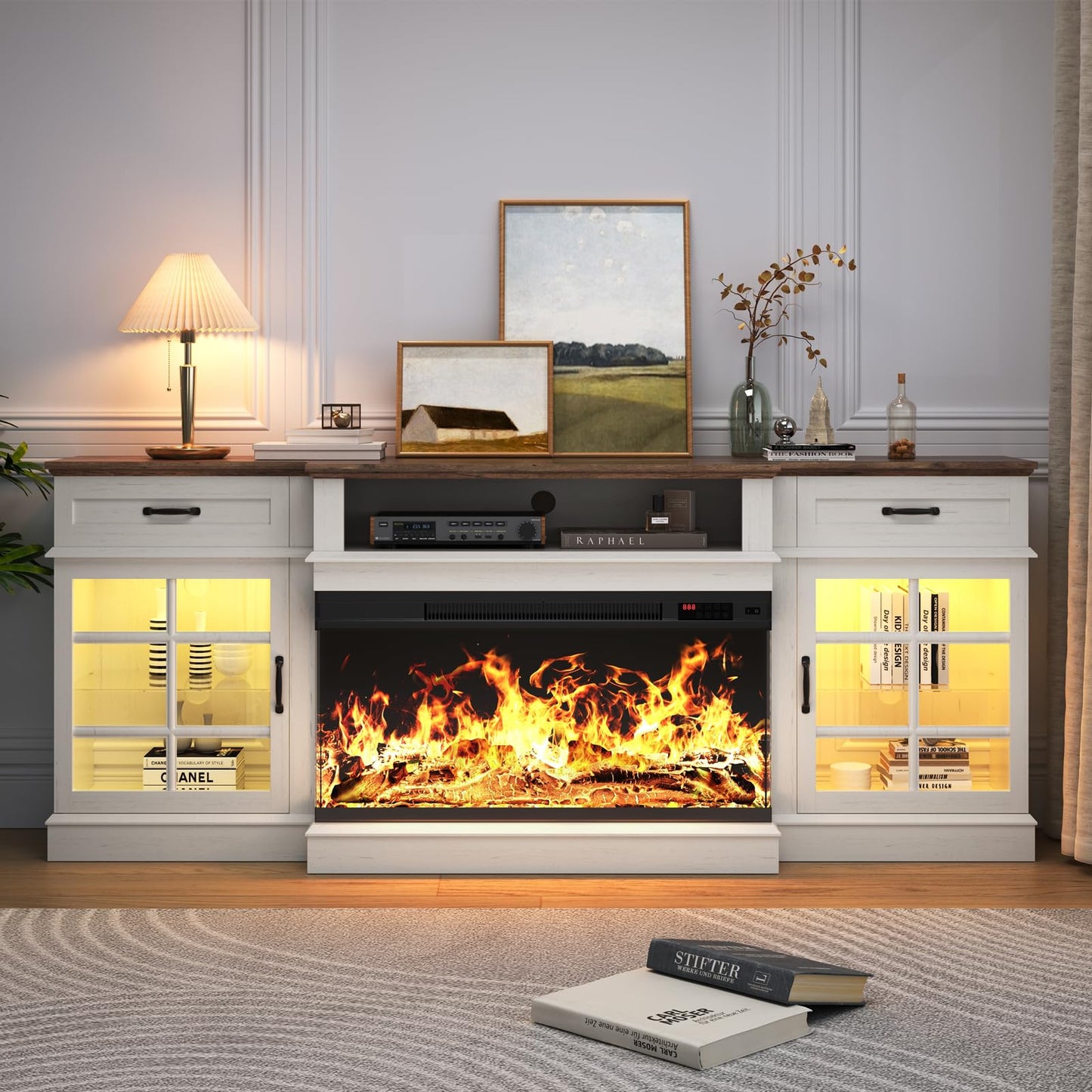 MXV 80" Fireplace TV Stand, 3-Sided Glass Fireplace and Modern Entertainment Center, Wooden Media Console with Glass Doors & Storage Drawers, LED Light, for Living Room, White
