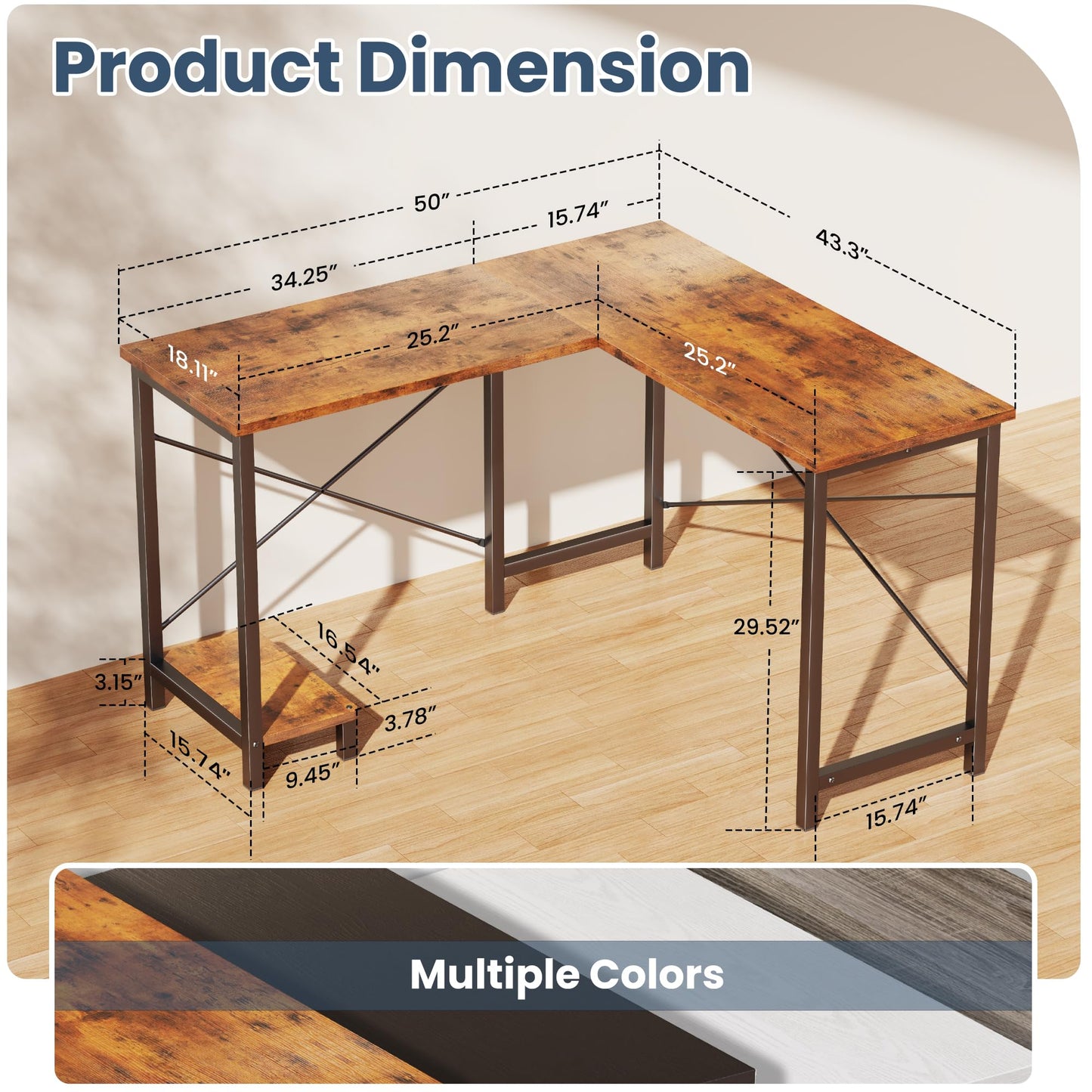 DUMOS L Shaped Desk Corner Computer Table 47 Inch, L-Shaped Gaming Desks with Storage Shelf Reversible, Wood Tables with Side Bag Adjustable Feet for 2 Monitors Small Space Home Office Bedroom, Brown
