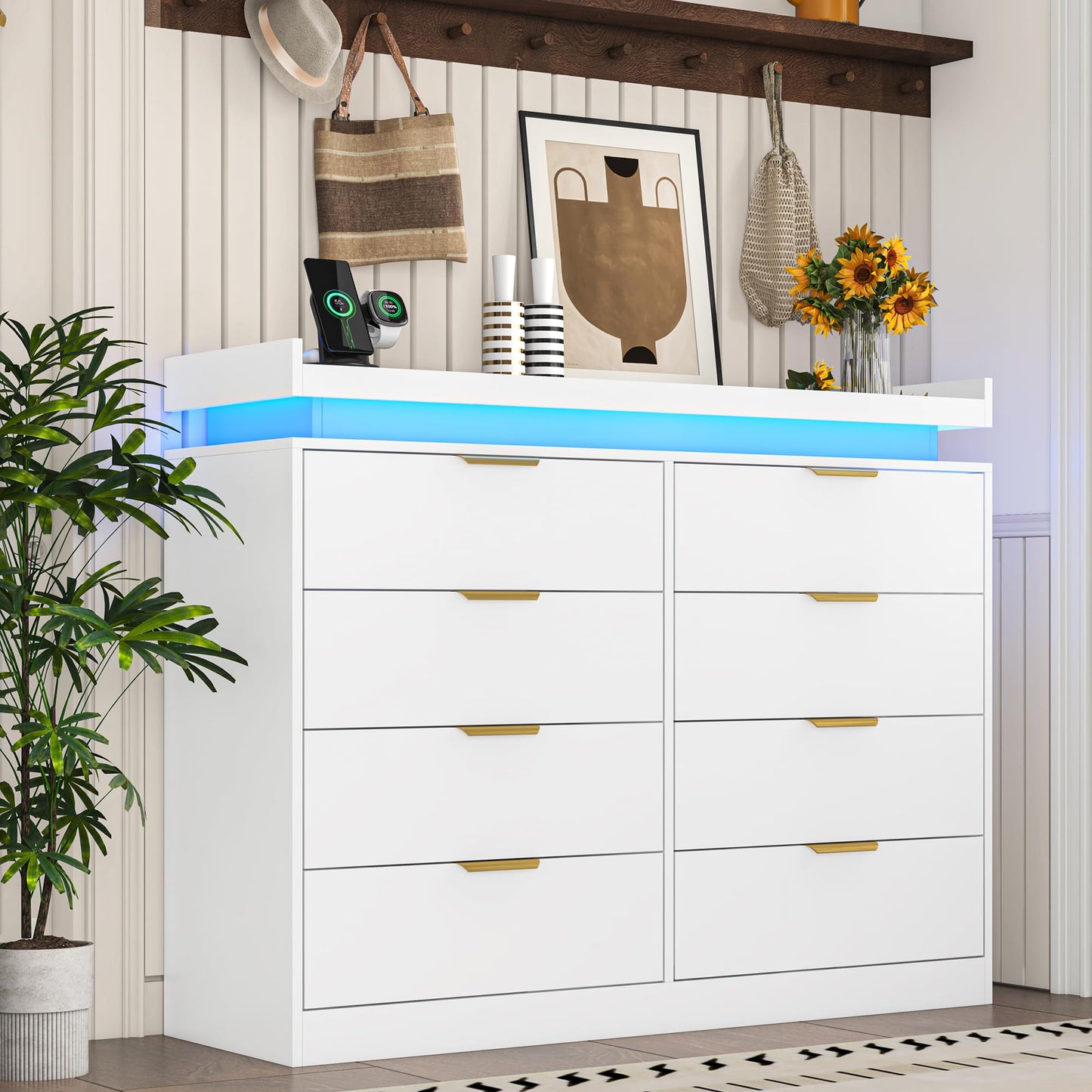 knoworld 8 Drawer Dressers for Bedroom, White Dresser with LED Lights and Power Outlet, Wood LED Dresser, Double Wide Modern Chest of Drawers for Bedroom, Entryway, Hallway