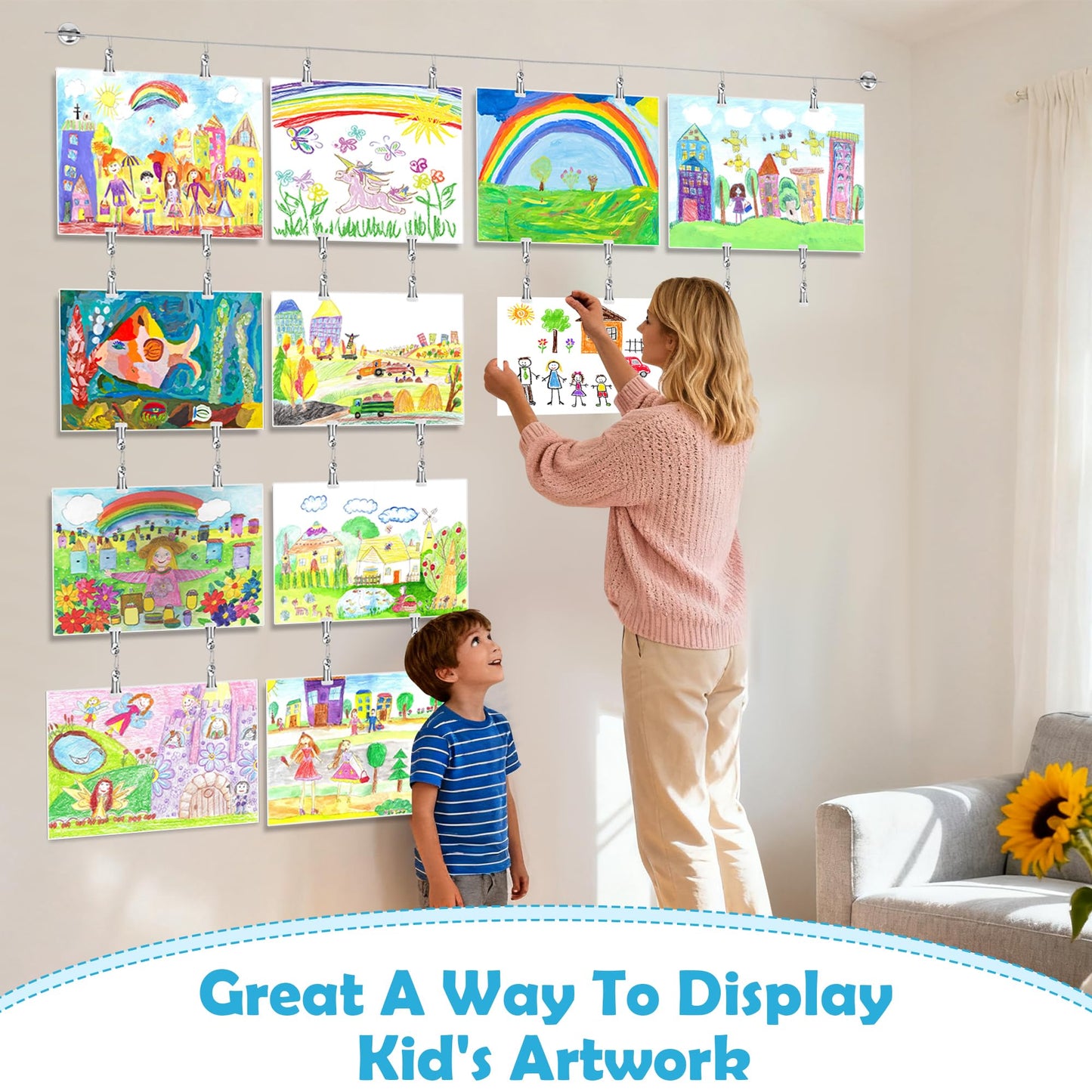 Windspeed Kids Artwork Display Wall Decor for Hanging Photo Kids Art Display for Classroom, with 118 in Alloy Steel Wire, 48P Hanging Clips