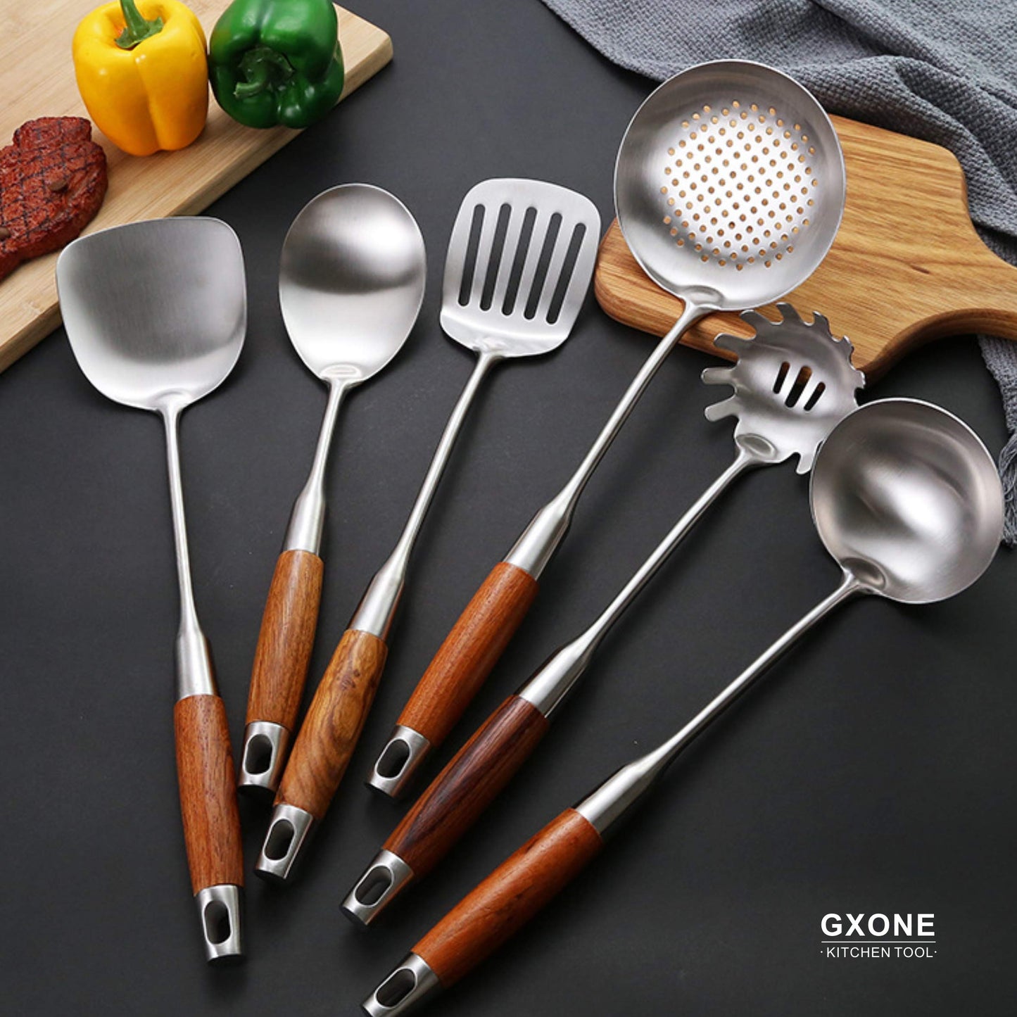 GXONE Spaghetti Spoon,304 Stainless Steel Pasta Spoon with Heat Resistant Wooden Handle,Silver/14.2Inch