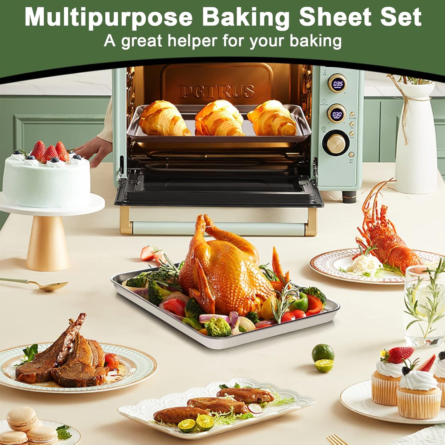 Skiennix Baking Sheet Tray Set - Heavy Duty Stainless Steel Cookie Pan with Silicone Mats | 9-Piece Set in Red