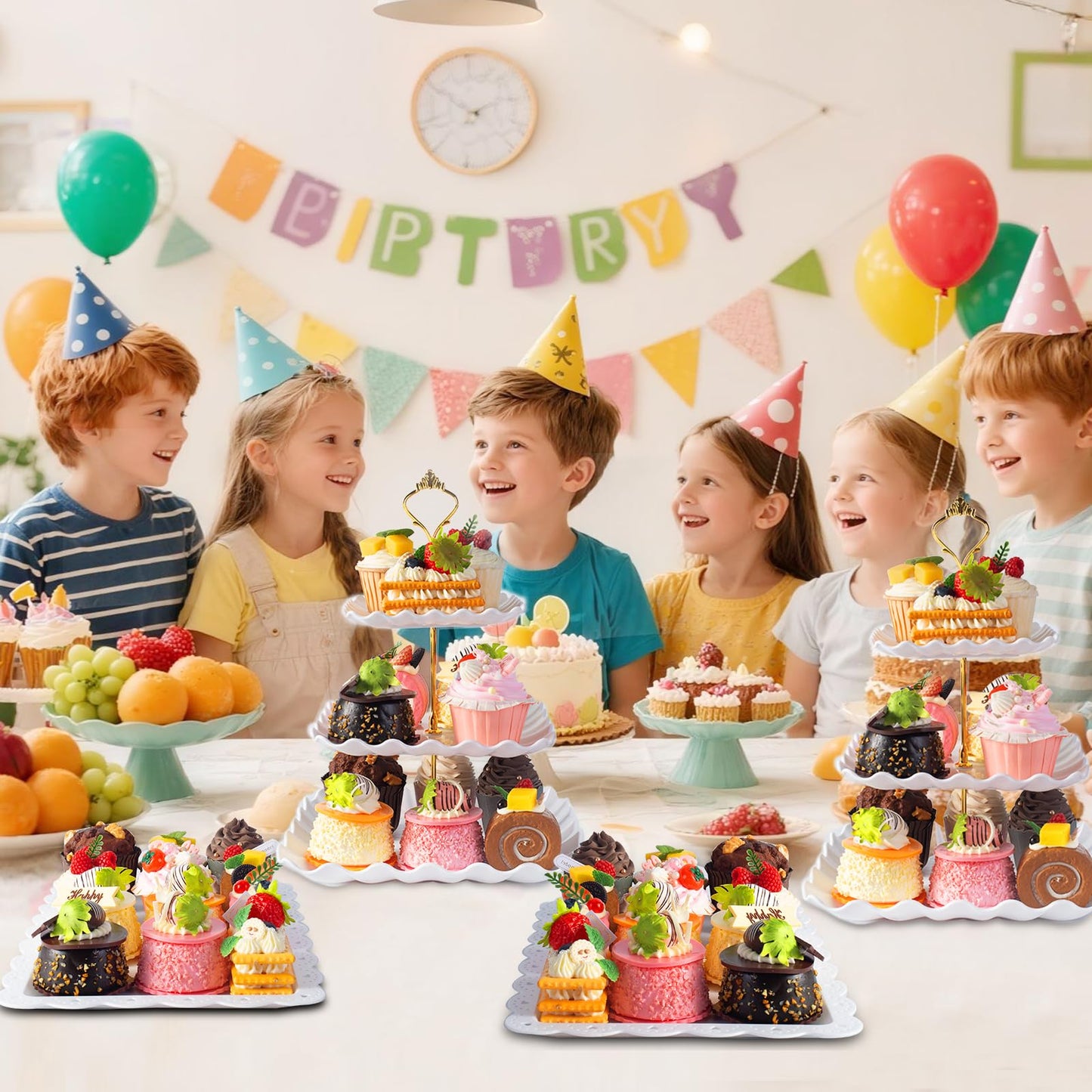 Wgbon 10 Pack Dessert Table Display Set, 4 Sets 3 Tier Cupcake Stand, 6 Pcs Food Serving Trays, Tiered White Plastic Cup Cake Tower for Birthday Baby Shower Wedding and Tea Party Supplies (10, Large)