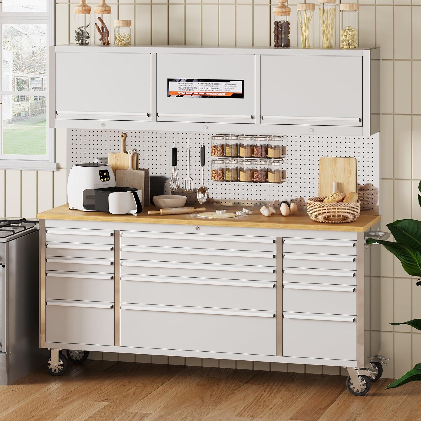 EliteEdge 72" Heavy-Duty Rolling Tool Chest & Workbench | 15-Drawer Mobile Tool Cabinet with 3 Top Lockers, Lockable Wheels & Key Lock | for Professional Garage & Workshop Storage