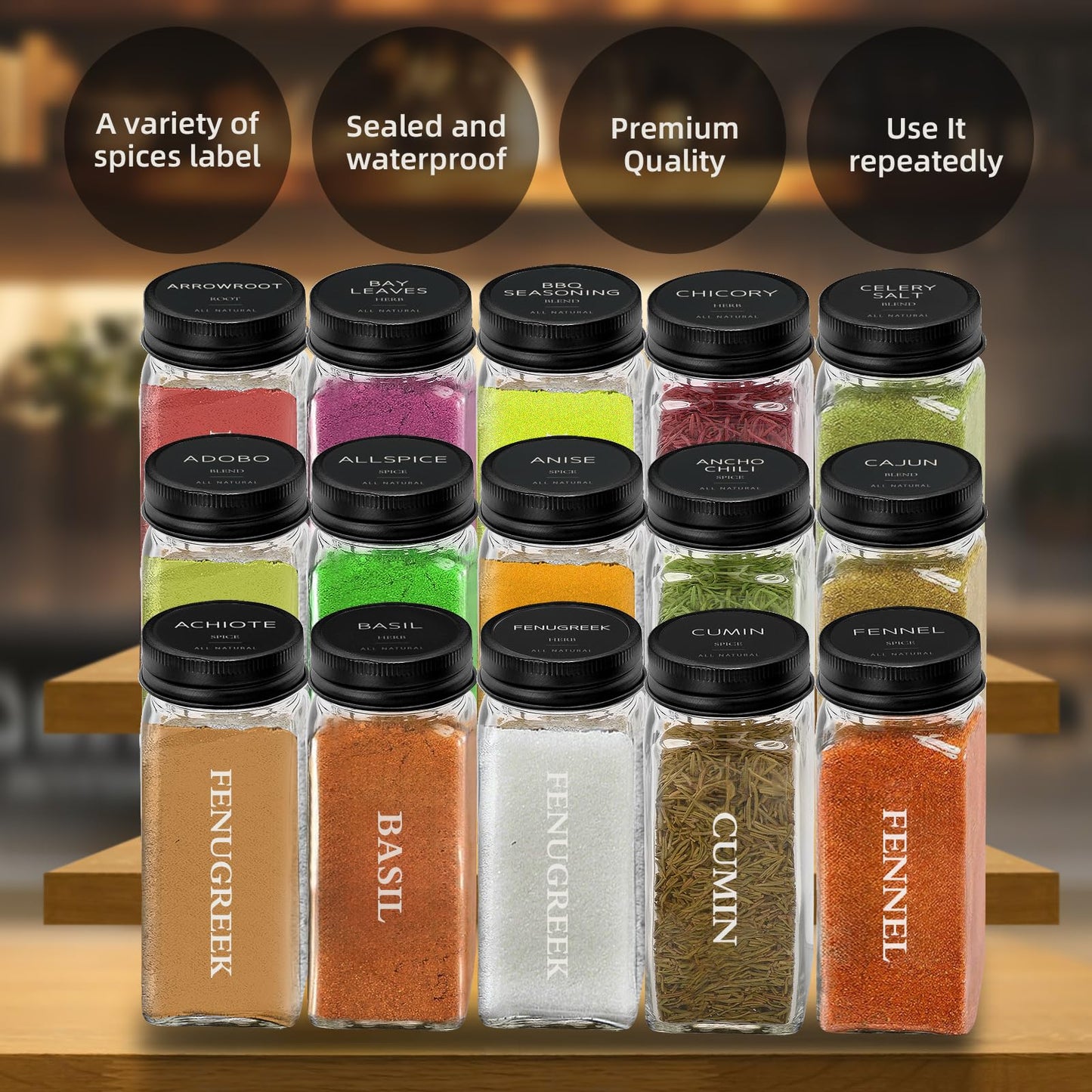 12Pcs 4 OZ Glass Spice Jars with black Metal Caps, Glass Jars with Minimalist Farmhouse Spice Labels Stickers, Collapsible Funnel, Seasoning Storage Bottles for Spice Rack, Cabinet, Drawer (12)