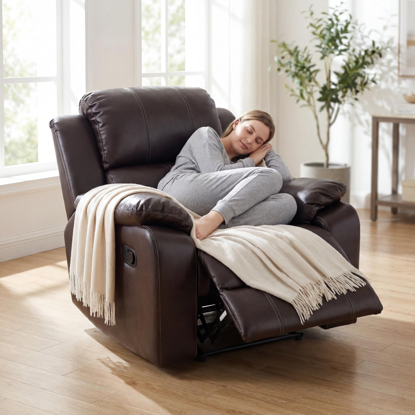 Trygoal Single Leather Manual Recliner Chair, Oversized Lazy Boy Recliner with Home Theater Seating, Breathable Living Room Reclining Chair for Adults Reading, Gaming, Relax, Brown