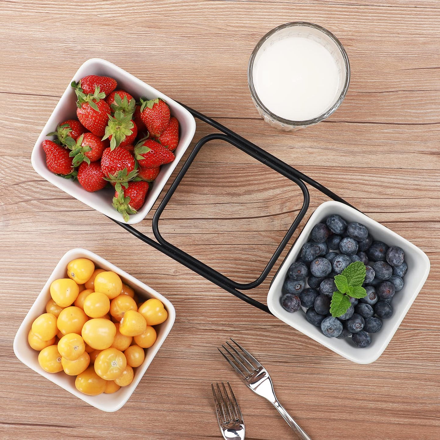 Buyajuju 3 pcs square bowl Porcelain Chip & Dip Serving Set with Black Metal Stand, 4.5inch White Small Serving Bowls for Side Dishes, Salsa, Appetizer, Serving Dishes for Entertaining 11.5 OZ