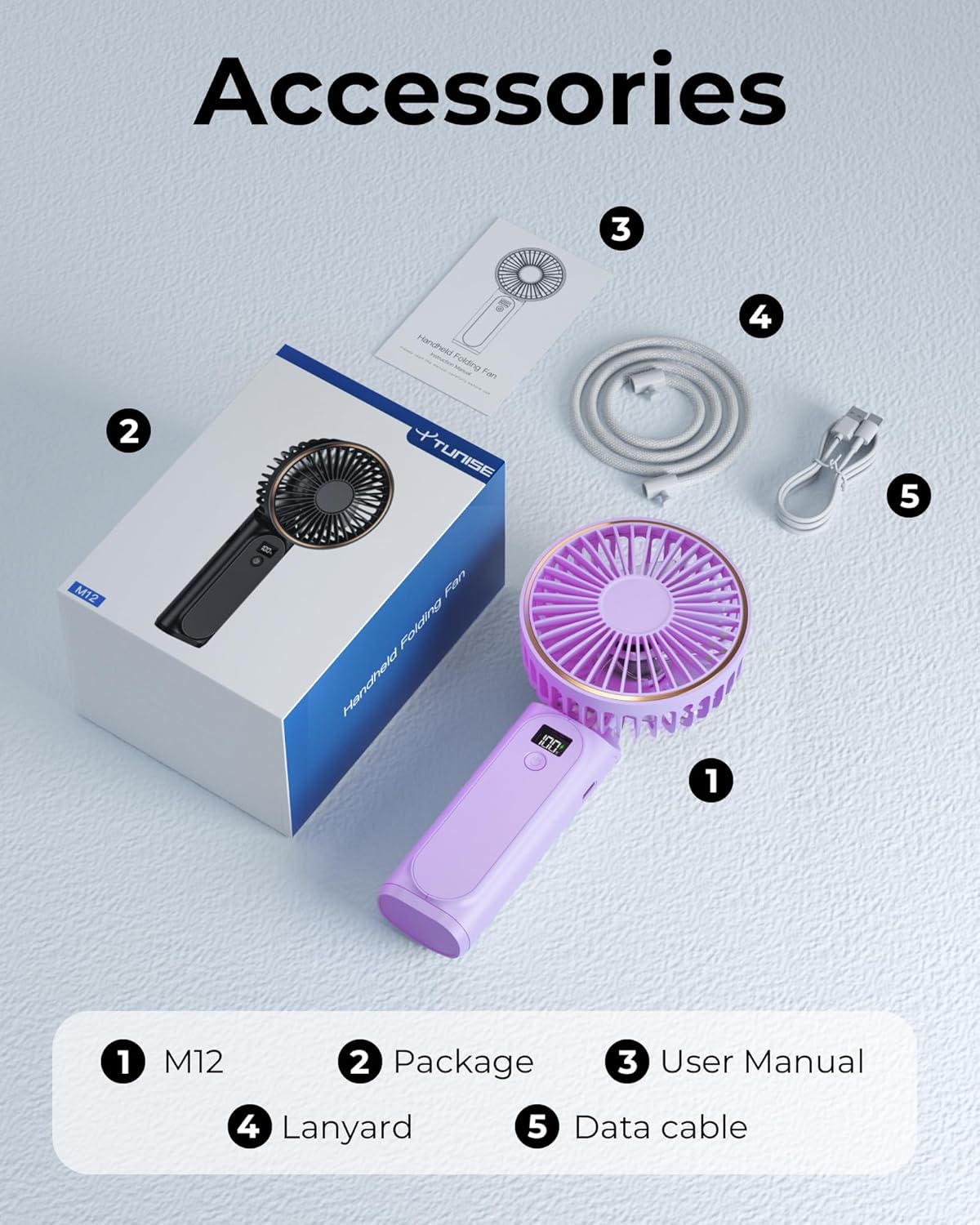 TUNISE Portable Handheld Fan - 4000mAh Battery, 6-Speed Adjustable Wind, USB Rechargeable, Foldable Design