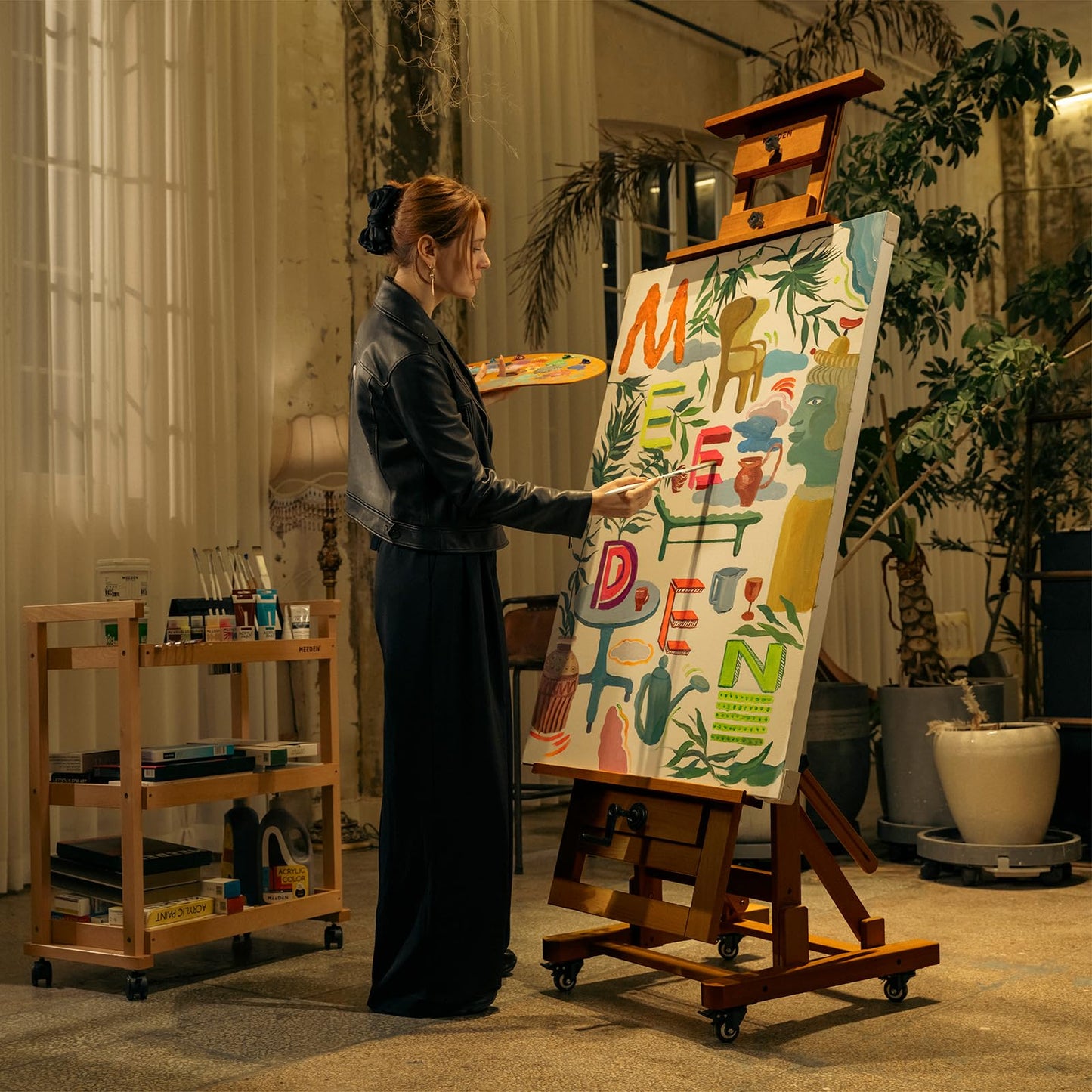 MEEDEN Extra-Large H Frame Easel: Solid Beech Wood Artist Painting Easel for Adults - Professional Heavy Duty Studio Easel with Crank - Movable and Tilting Flat Art Easel Stand for Canvas up to 76.7"