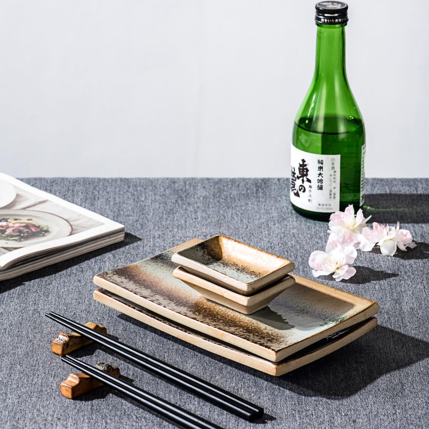 UNICASA Ceramic Sushi Plate Set 8 Piece, Japanese Style Sushi Serving Set for 2, Dishwasher & Microwave Safe, Include Sushi Plates, Sauce Dishes, Chopsticks & Holders, Light Brown