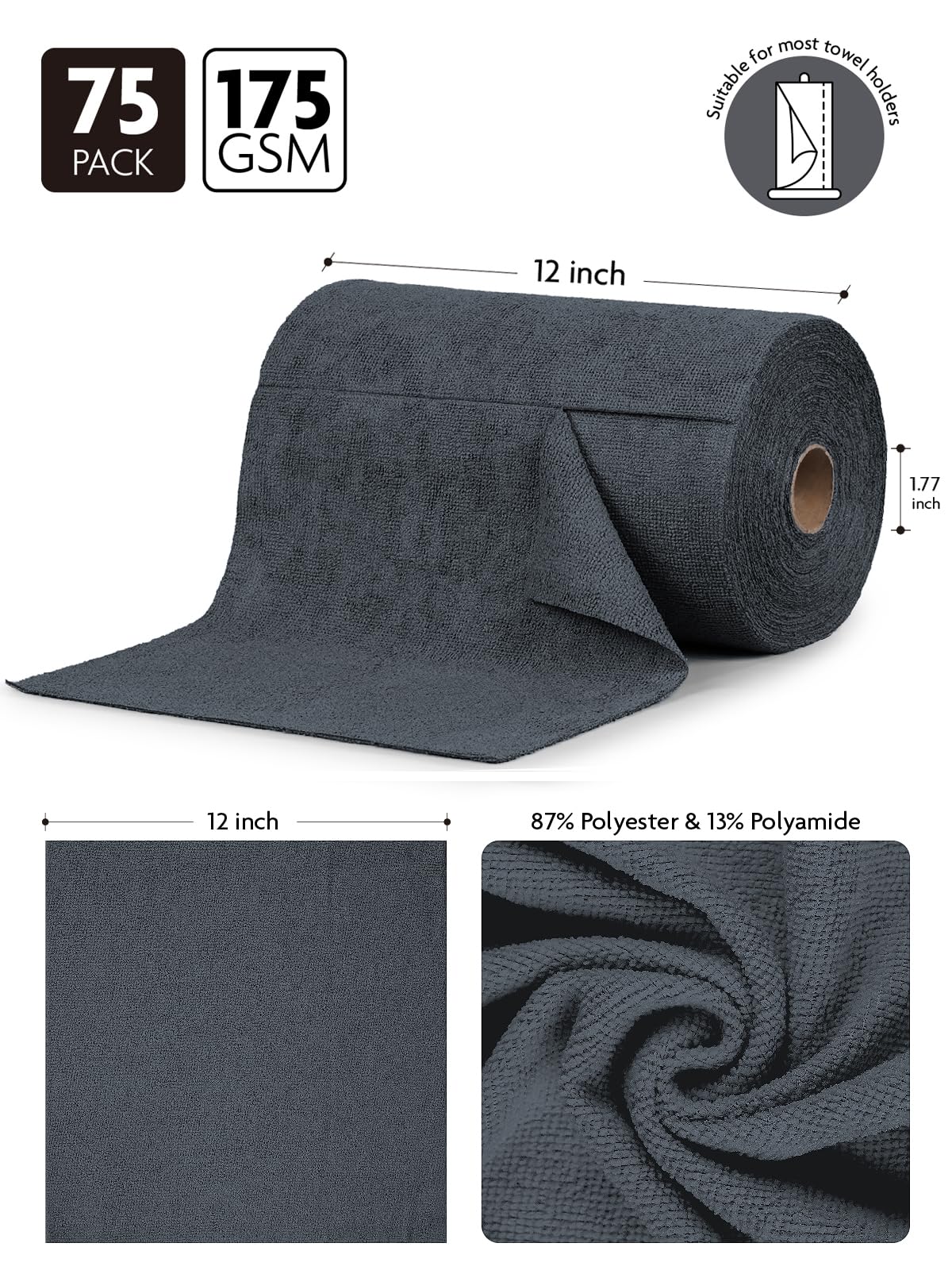 Fantasticlean Microfiber Cleaning Cloth Roll -75 Pack, Tear Away Microfiber Towels, 12" x 12", Reusable, Washable, Scratch Free, Ultra Absorbent for All-Around Cleaning Supplies (DimGray)