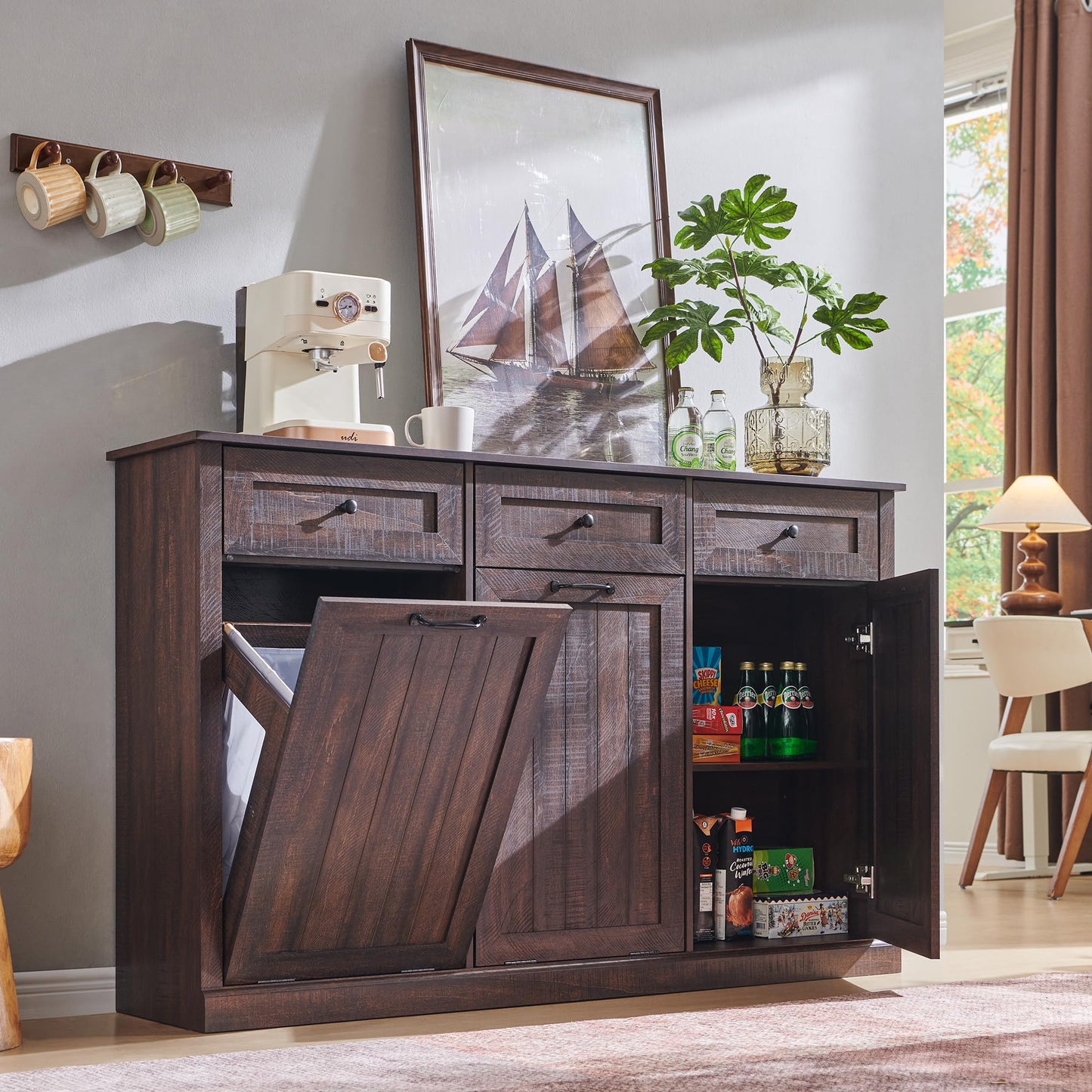 IFGET Triple Tilt Out Trash Can Cabinet, 20 Gallon Farmhouse Laundry Hamper Cabinet w/3 Drawers & Adjustable Shelf, Hidden Wooden Trash Can Cabinets with Storage Basket for Kitchen (Brown)