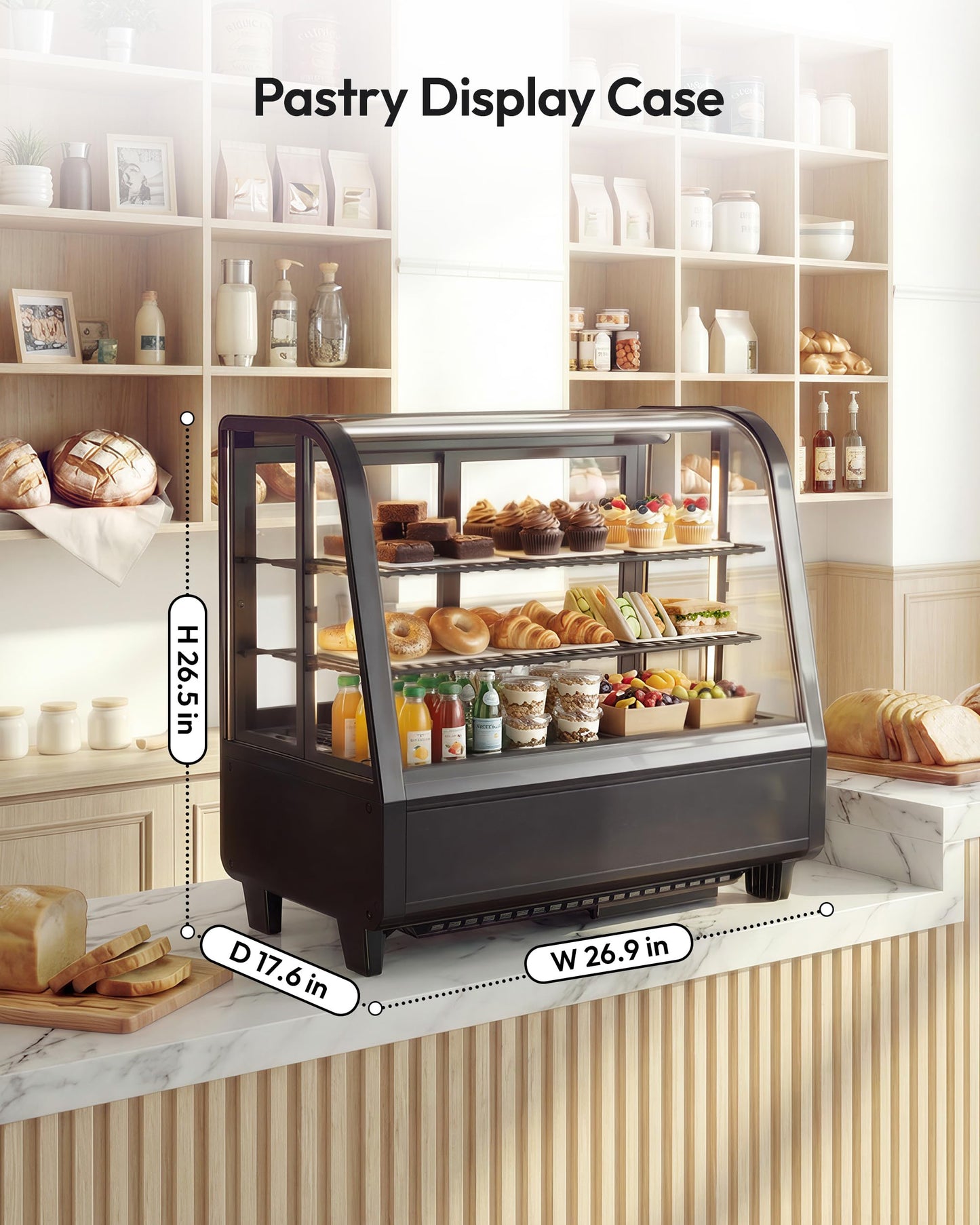 ICEVIVAL Certified Commercial Refrigerator, 3.6 Cu.Ft Countertop Refrigerator Refrigerated Display Case with Curved Glass & Auto Defrost, Freestanding Bakery Display Case for Cafe & Restaurant