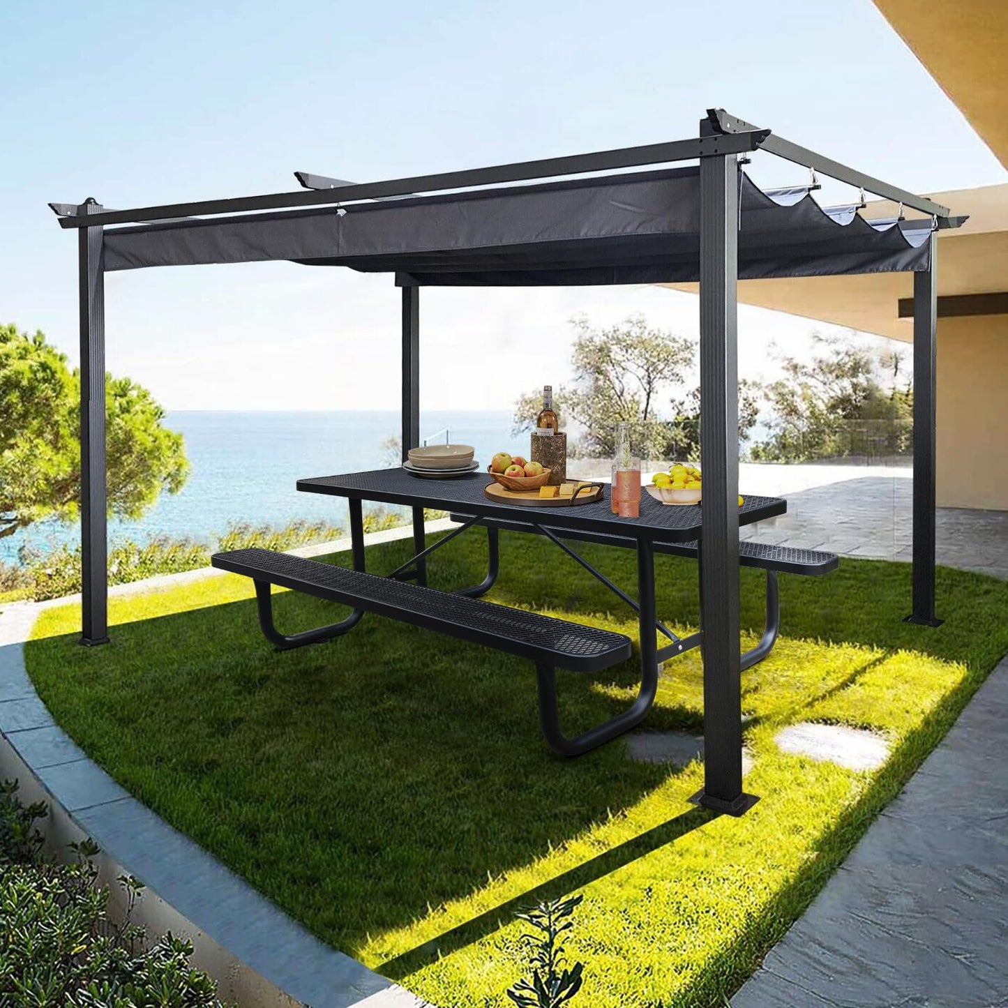 Sunnibety 6FT Metal Picnic Tables for Outdoors, Commercial Rectangular Picnic Table and Bench Set for Outside, Patio, Garden, Backyard, Porch, Surface Mount, Black