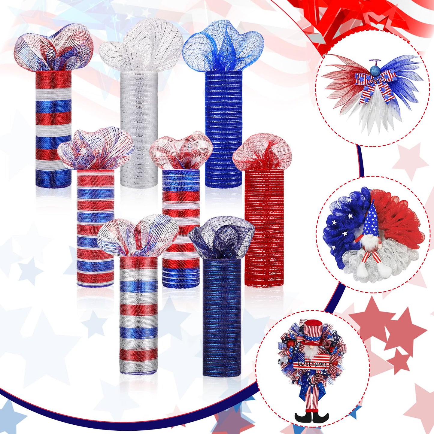 Newwiee 8 Rolls Patriotic Mesh Ribbon for Wreaths 10 Inch x 30 Feet Each Roll Veteran Decor Red White Blue Mesh Ribbon Metallic Foil 4th of July Decoration DIY Crafts Making Supplies