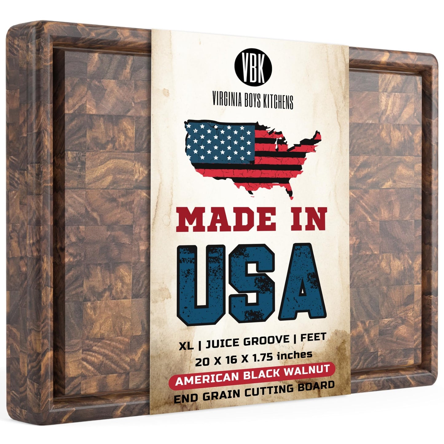 Virginia Boys Kitchens - Made in USA - Walnut Wood Cutting Boards (20"x16" End Grain with Feet and Juice Groove)