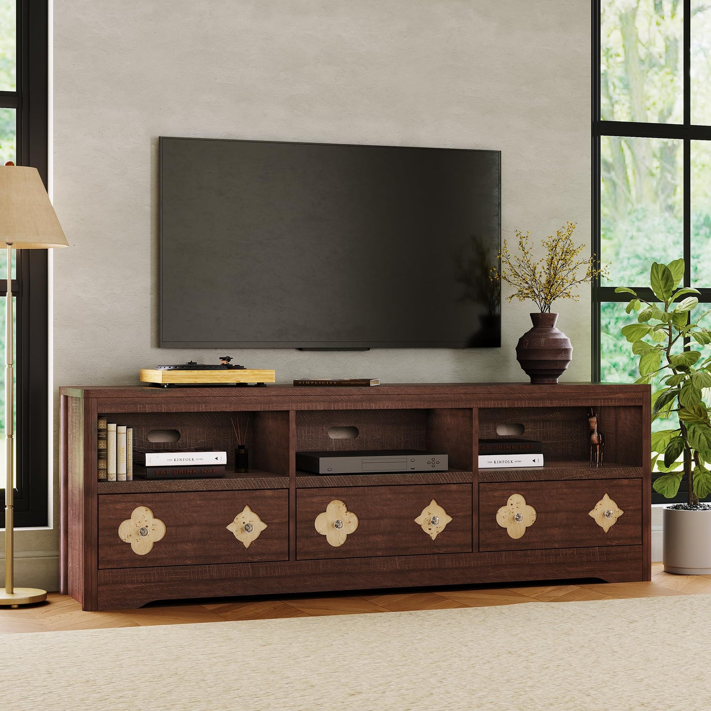 GAOMON Farmhouse 70 Inch TV Stand for TVs Up to 85", Mid Century Modern Entertainment Center with Storage Carved Drawer and Open Shelves, TV Console for Living Room (Brown)
