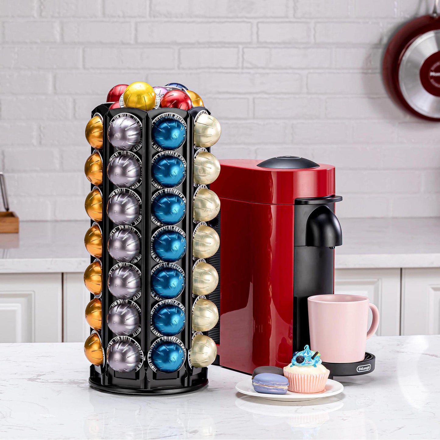 FlagShip Vertuo Pod Holder Carousel Stand for Nespresso Capsule Storage Organizer with Extra Space for Coffee Mate Silent Rolling (80+ Pod Storage)