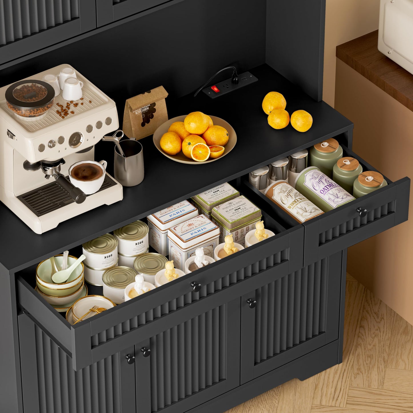BORNOON Pantry Cabinet with Charging Station and Light, Tall Kitchen Pantry Storage Cabinet with Microwave Stand, Wide Fluted Kitchen Hutch with Storage Drawers and Adjustable Shelves for Dining Room