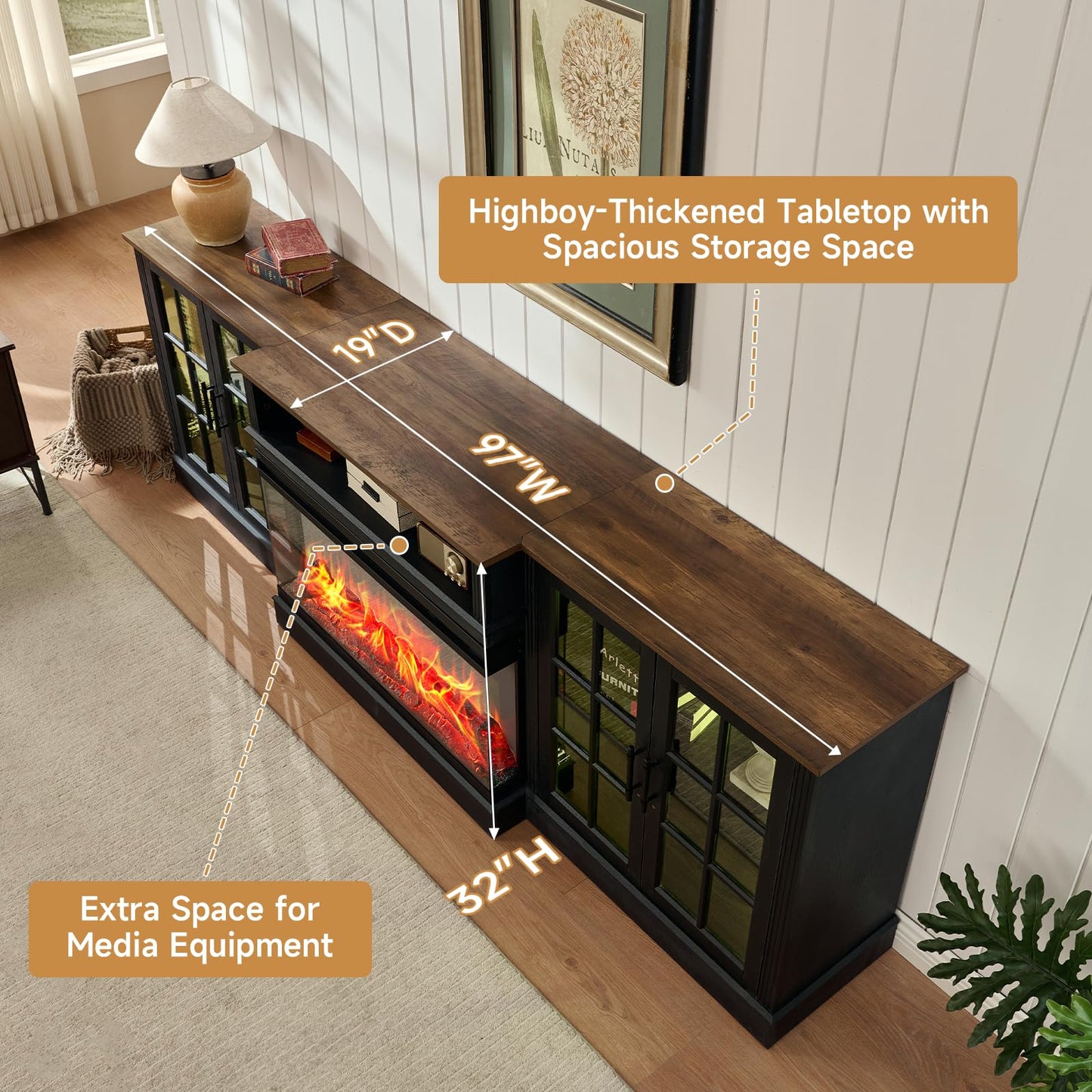 ROCKPOINT 97" Farmhouse Fireplace TV Stand with 3 Sided Glass 36" Electric Fireplace Heater for TVs up to 100", Media Entertainment Center with Adjustable Shelves and Large Storage Cabinets, Black