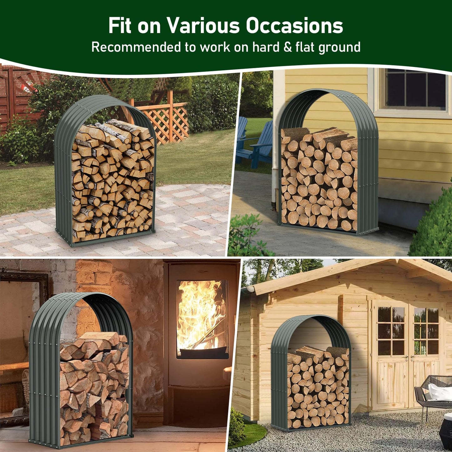 A ANLEOLIFE 4-Set Galvanized Steel Firewood Storage Rack with Weatherproof Corrugated Roof, Heavy Duty Outdoor Log Holder for Patio Porch Fire Pit, Arch Gray