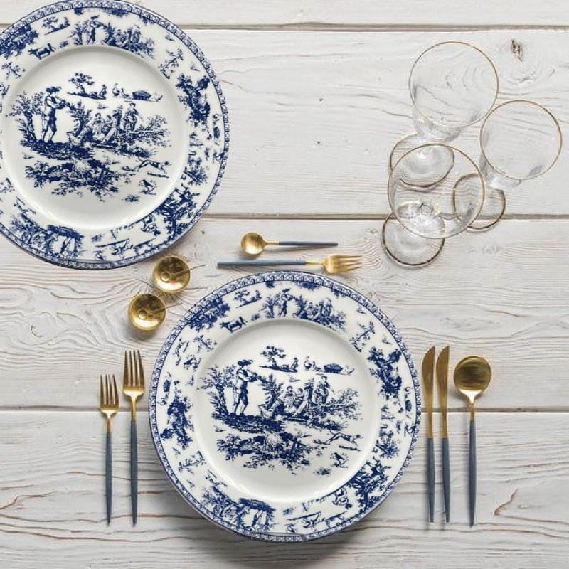 W&S CLASSICS Classic French Luxury Round Dinner Plates | 10.5 Inches Colorful Ceramic Flat Plates – Set of 6| Large Serving Plates for Party | Dishes for Appetizer, Salad, Desert, Steak (Blue)