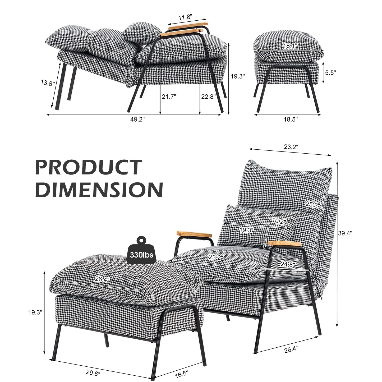 MCombo Accent Recliner Chair with Ottoman, Modern Fabric Armchair, Upholstered Sofa Bed for Living Room Bedroom, Small Space 4055 (Black Frame, Houndstooth)