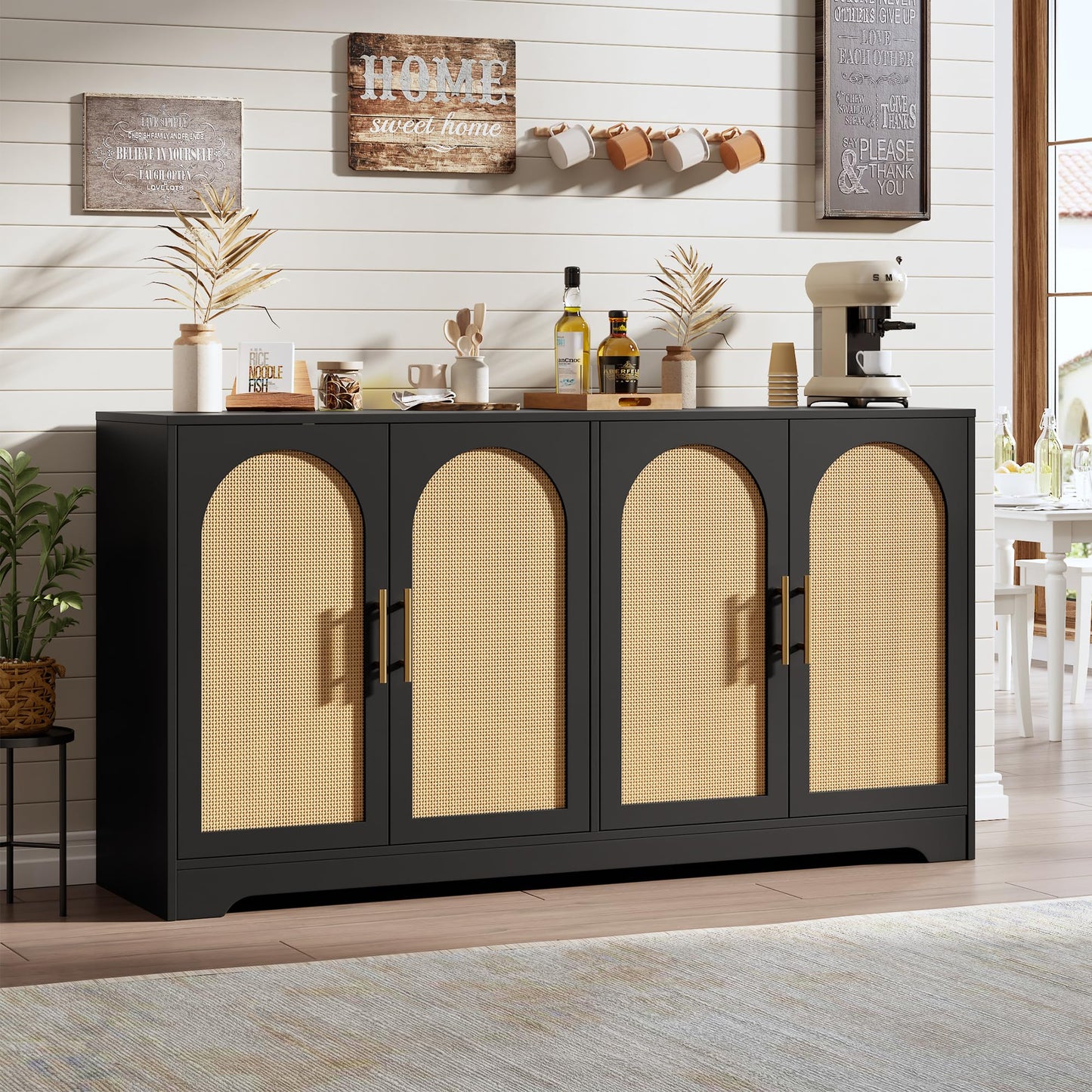 IDEALHOUSE 59" W Sideboard Buffet Cabinet- with 4 Rattan Doors, Large Storage Console Table & Modern Accent Coffee Bar Cabinet for Living Room, Kitchen, Hallway, Dining Room, Entryway, Black
