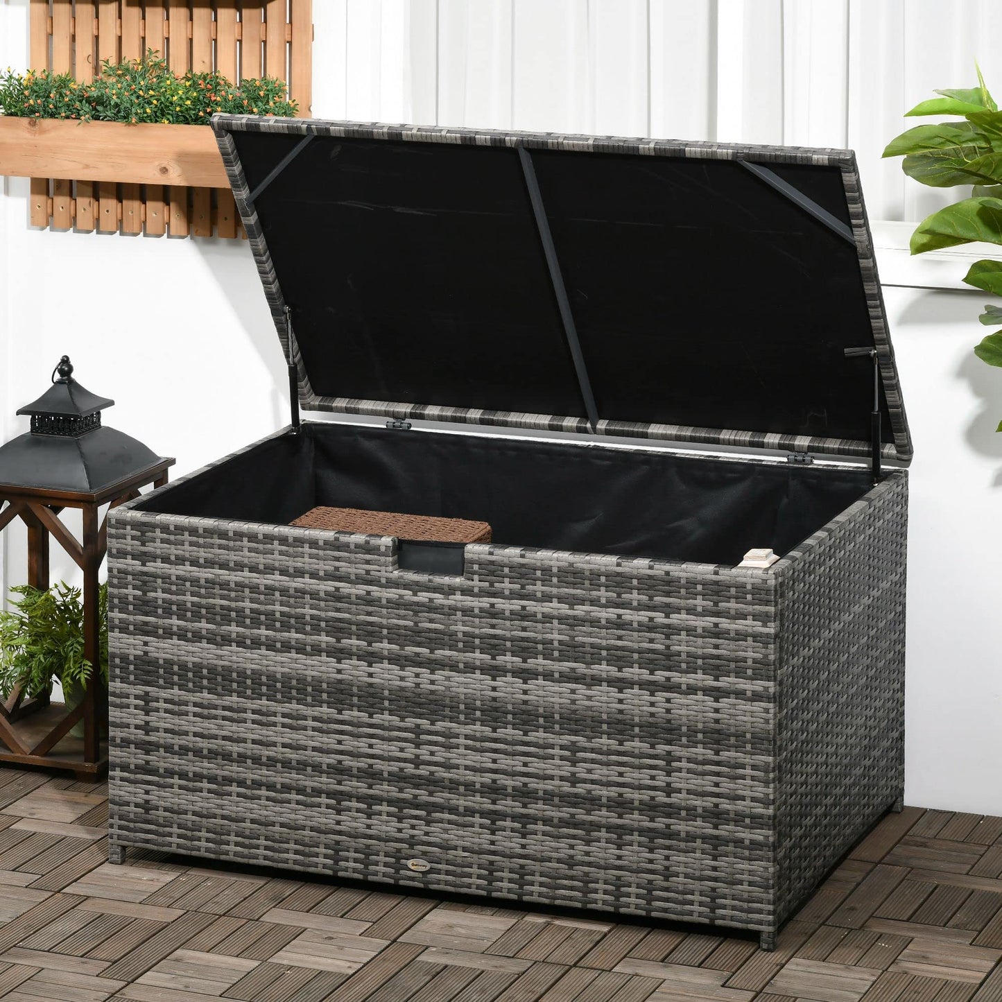 113 Gallon Deck Box, Rattan Outdoor Storage Box, Waterproof Storage Container for Indoor, Patio Furniture Cushions, Pool Supplies, Garden Tools, Dark Gray