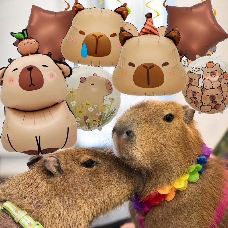 7 PCS 24" Capybara Foil Balloons - Animal Theme Birthday Decorations for Baby Shower, Gender Reveal Party Supplies, Durable Aluminum Mylar Balloons with Hanging Strings & Star Accents