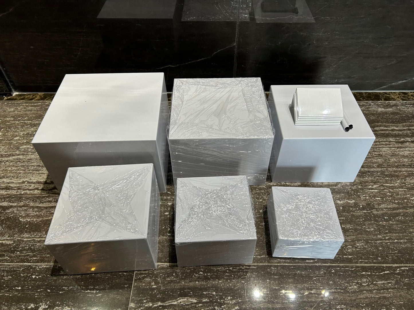 6Pcs Buffet Risers with Mini Sign and Maker, Acrylic Food Risers for Buffet Table, White Food Display Stands for Party, Collectibles Jewelry Display Stand, Acrylic Boxes Nesting Risers(10",9",8",7",6",5")