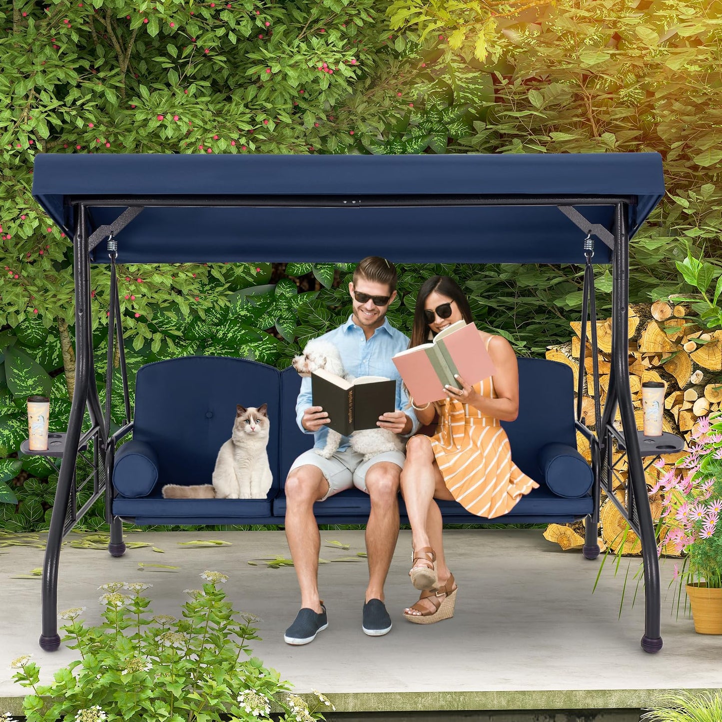 HOMREST 3 Seat Outdoor Porch Swing with Adjustable Canopy, Convertible Patio Swing Bed with Stand, Patio Glider Swing with Upgraded Cup Holder, Thicken Cushions & Pillow for Backyard(Blue)