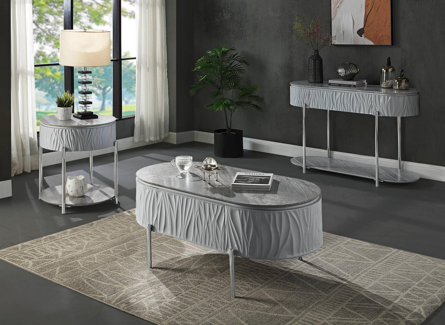 Acme Yukino Contemporary Wood/Metal Coffee Table in Gray High Gloss and Chrome