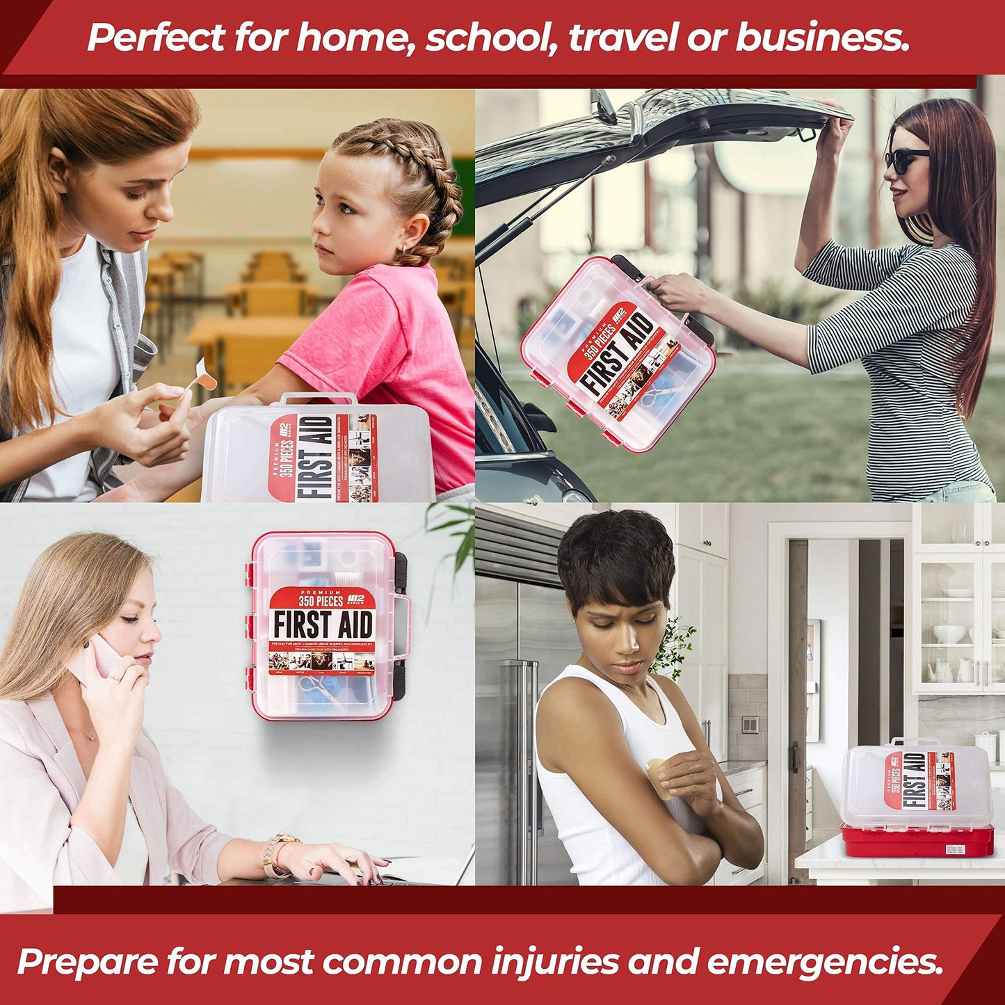 M2 BASICS Professional 350 Piece First Aid Kit | Business, Home, Car | Hard Case, Dual Layer, Wall Mountable | Emergency Kit, Emergency Medical Kit