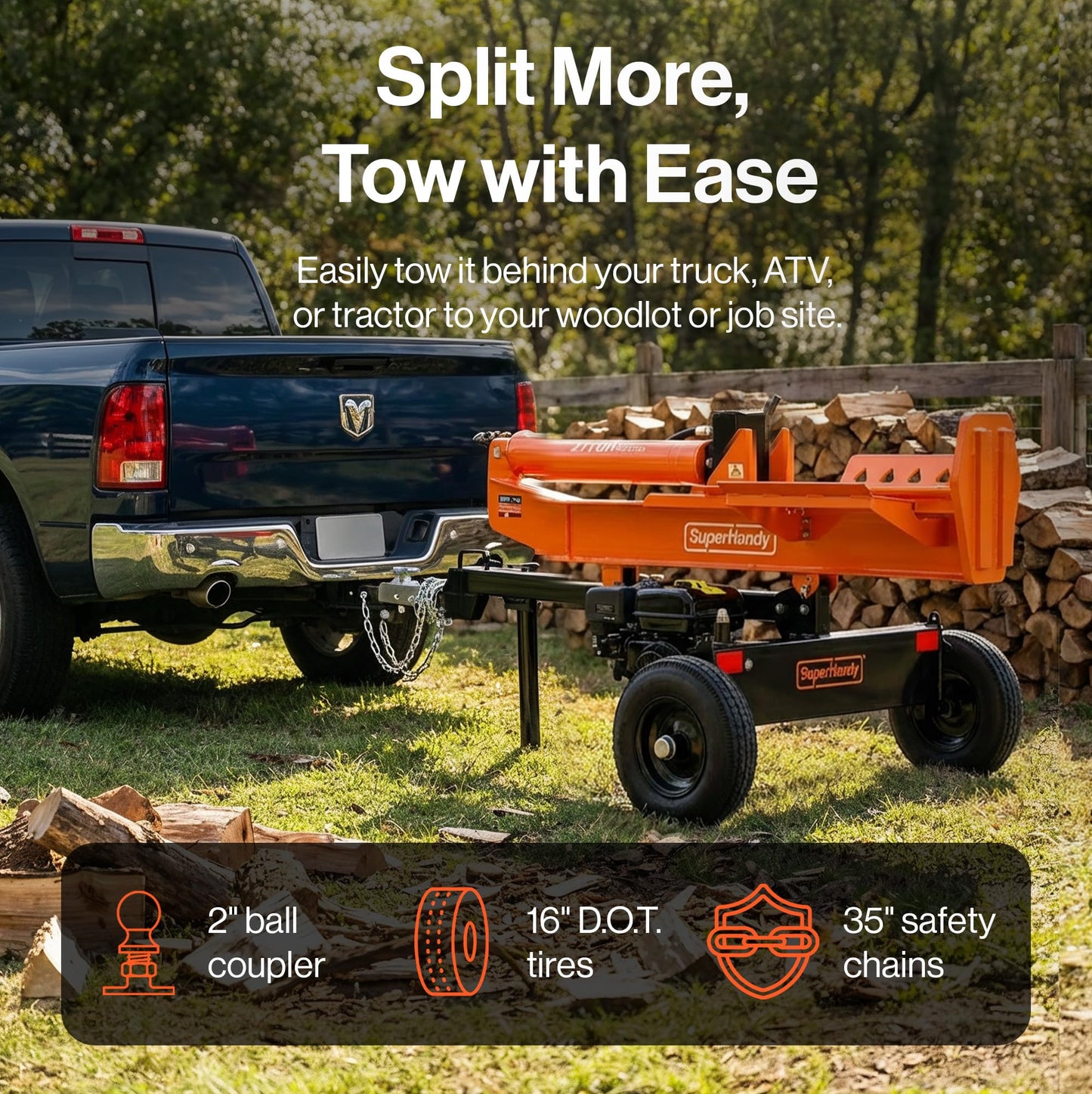 Superhandy 27Ton 223cc Gas Powered Full Beam Log Splitter w/Vertical/Horizontal Operation and Auto Return Valve, 24'' Diameter & 24'' Length Capacity, Towable with 2'' Ball Coupler