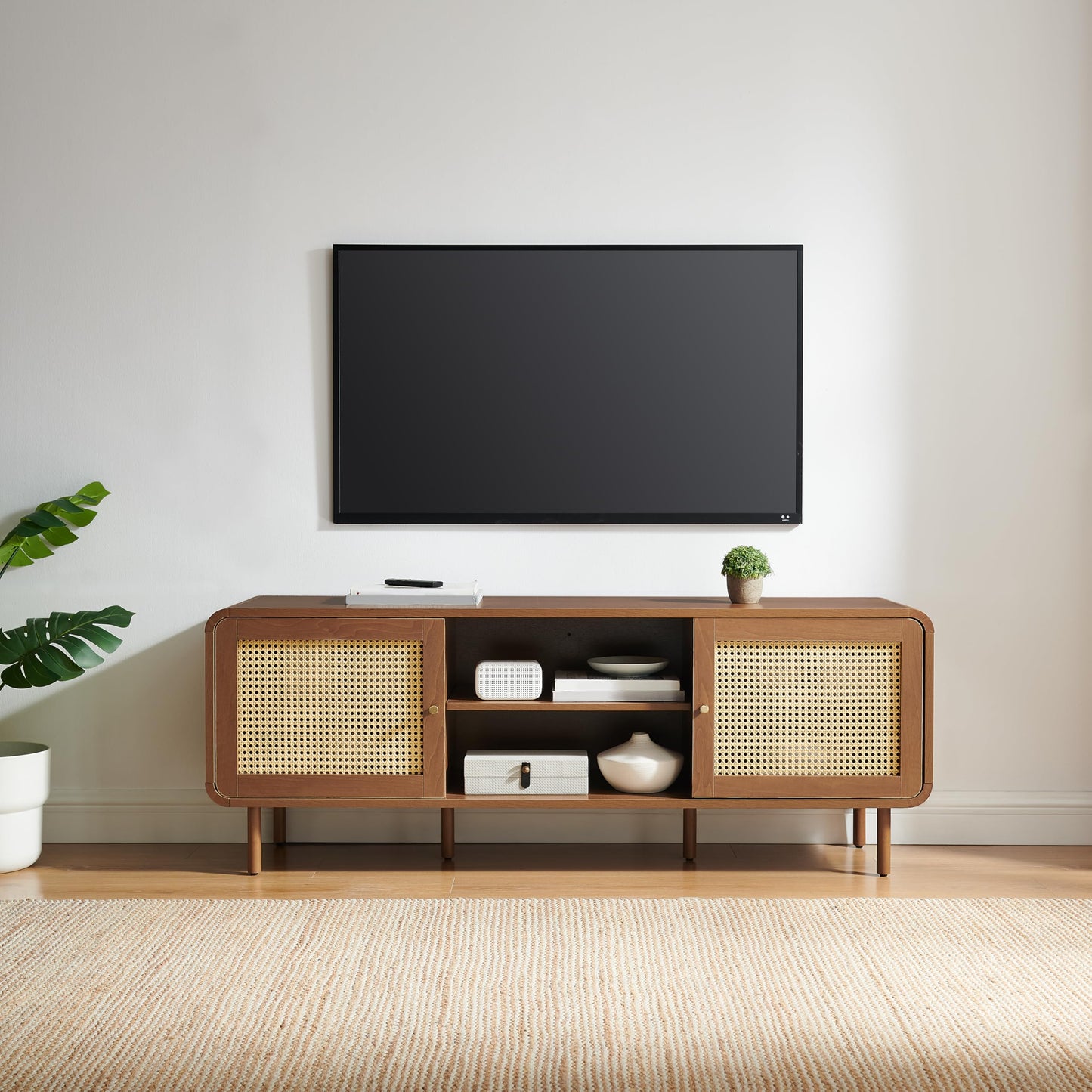 Crosley Furniture Nora Modern Record Player Cabinet with Vinyl Storage, Rattan Turntable Stand for Records, Walnut