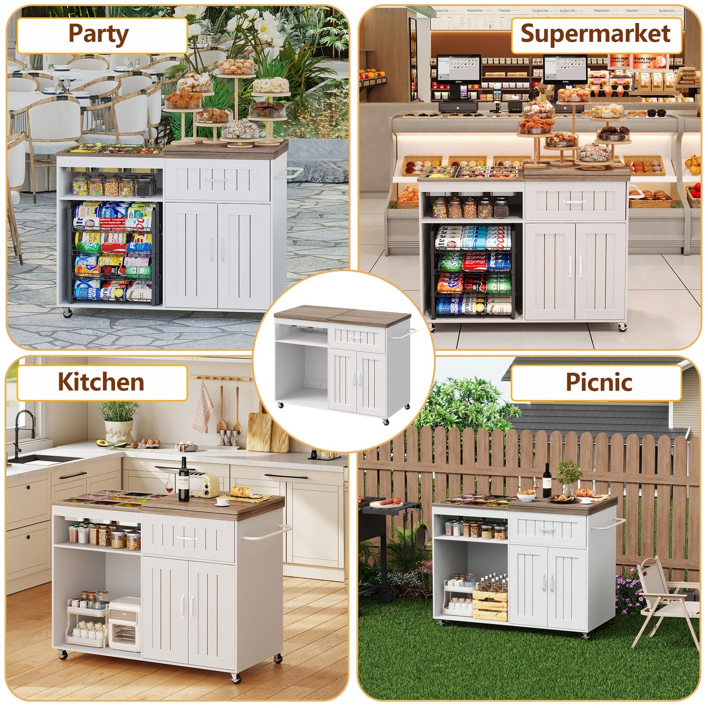 Zethvax 47.2" Foldable Charcuterie Cart with Stainless Steel Food Pans, Dessert Cart with Drawer & Storage Cabinet,Mobile Salad Bar Buffet Station for Home & Party (47.2")